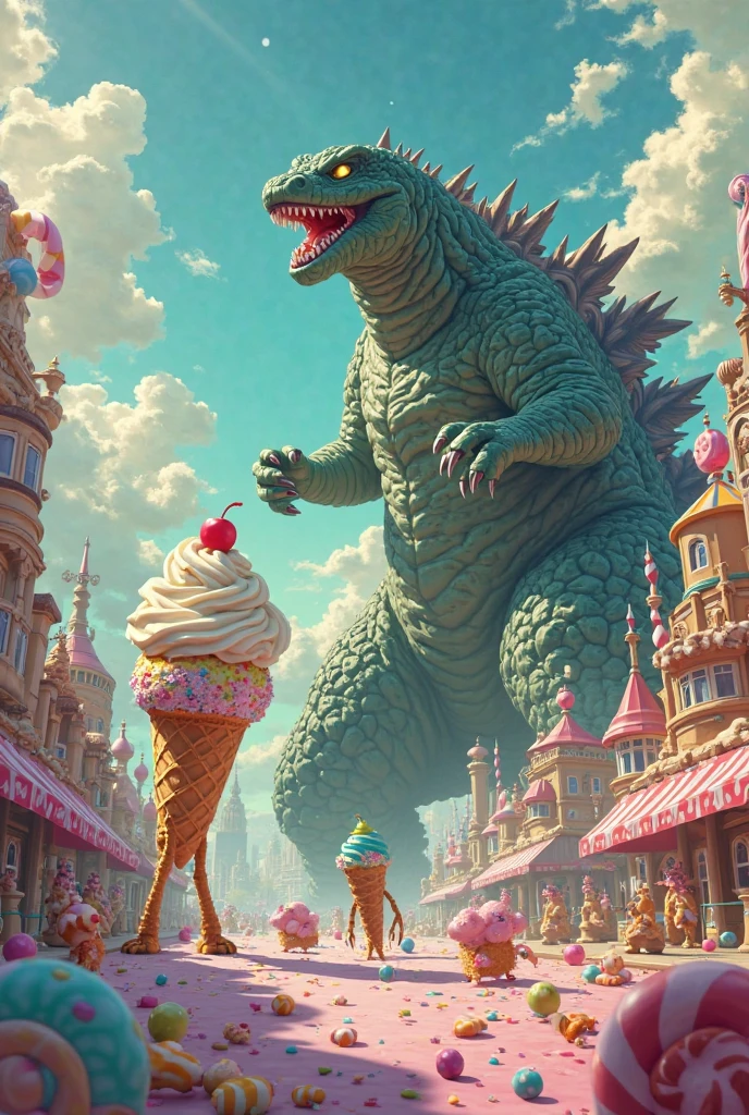 Godzilla, pink-Godzilla, Barbie-Godzilla, Godzilla as Barbie, fashion, Vibrant, colorful, neon, glowing, psychedelic