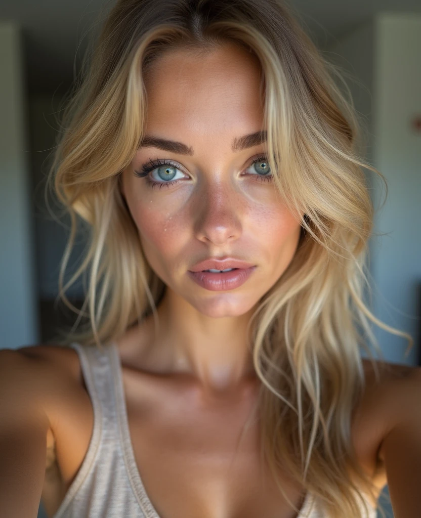 A detailed photograph of an attractive blonde woman, 25 years old, mascara, cleavage, black top, blue eyes, 8k uhd, masterpiece, perfection, ultra detailed, high res, depth of field