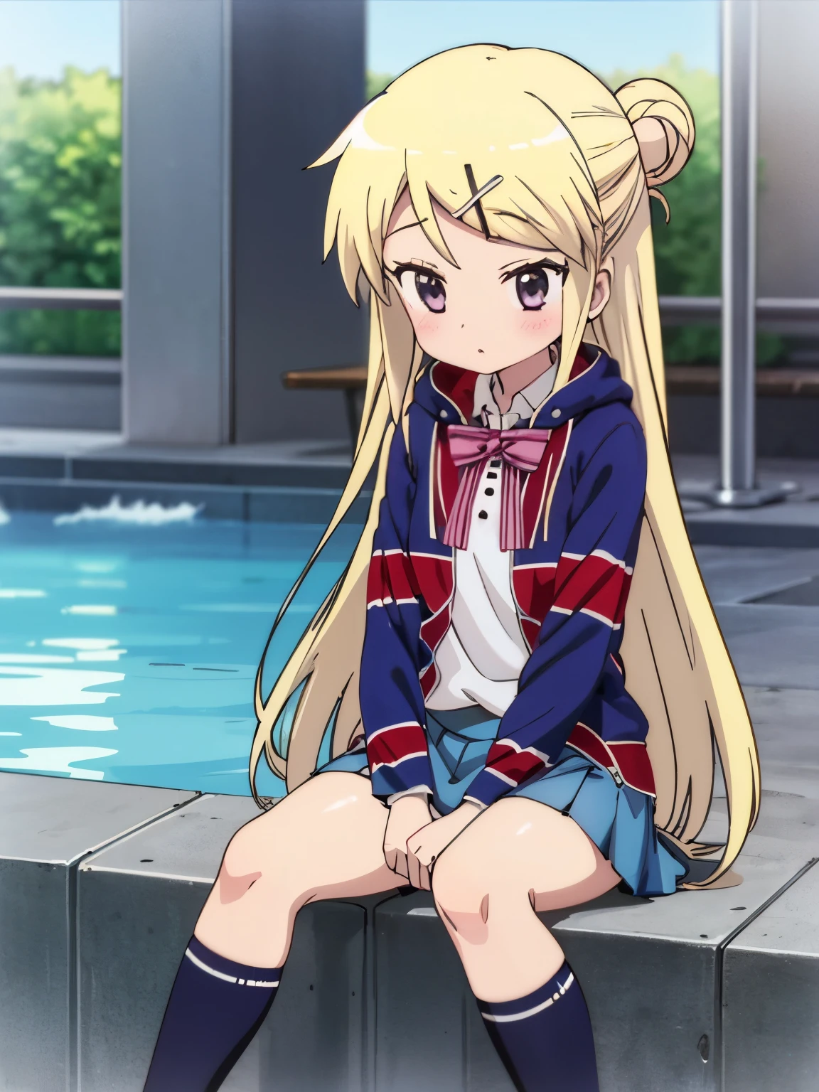 1girl with thick thighs in a miniskirt sitting poolside solo KUJO KAREN UNION JACK JACKET, STRIPED BOW, WHITE SHIRT, LONG SLEEVES, PLEATED SKIRT, BLUE SKIRT, KNEEHIGHS Loss of Appetite 、nausea、Karen's face, knees, and thick thighs