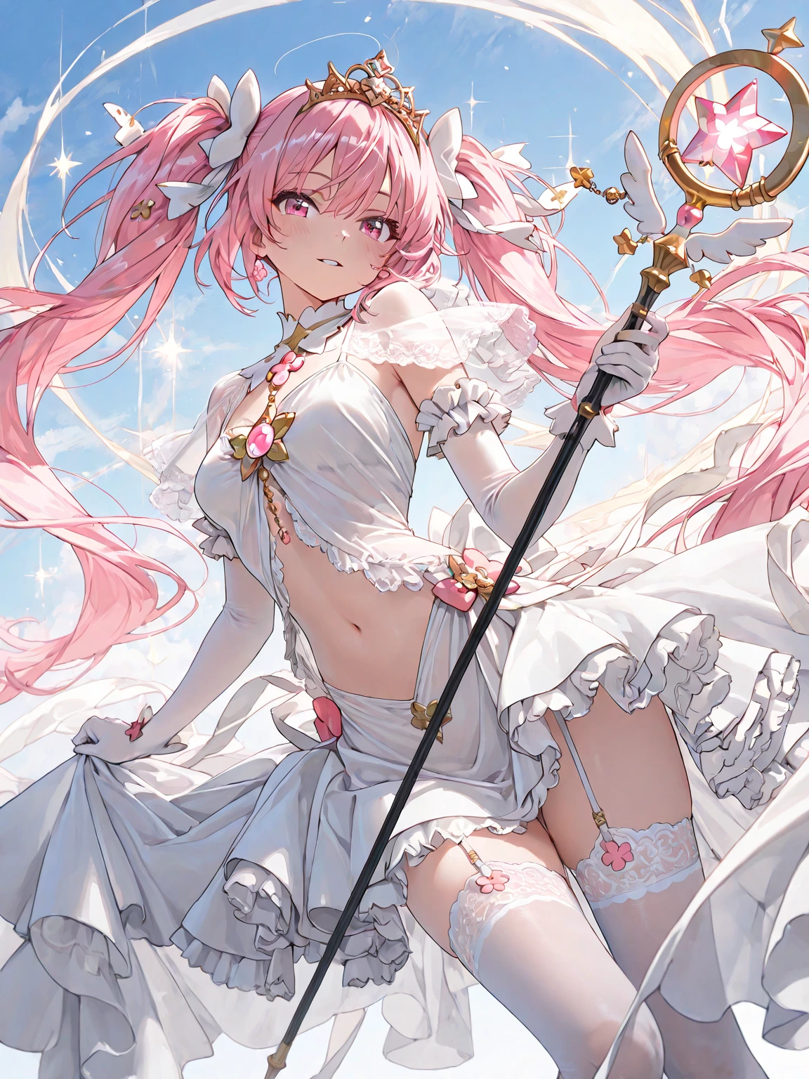 16k, hyper HD, retinas, Masterpiece, ccurate, Anatomically correct, High details, Best quality, High quality, A high resolution，Pink hair，Sleeveless dress，short  skirt，Hosiery，White tights，In the daytime，long whitr hair，Hair tied on both sides，Wet hair，mideum breasts，Brilliant，opulent，first person，illustration，quadratic element，Exposed undergarment，Exposed panties，Bare chest，Open navel，big assa，cropped shoulders，white  panties，cosplay，Asia face，16 yaers old，teens girl