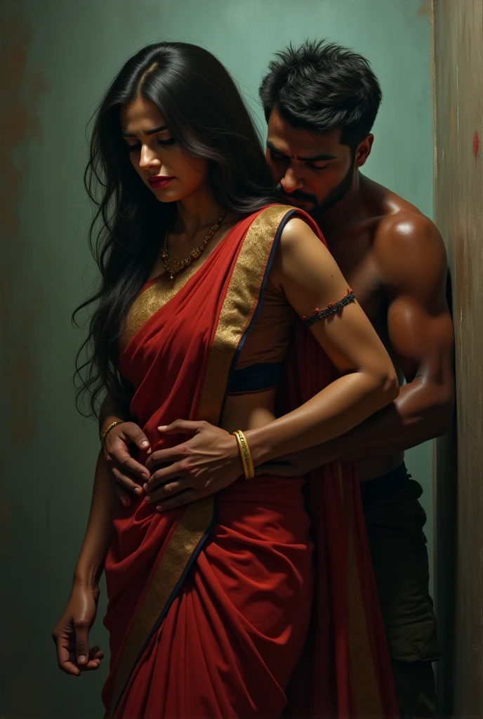 An Indian woman, hot red saree, girl squatting, showing her full Shows ass and anus, white shiny skin, a man standing 
