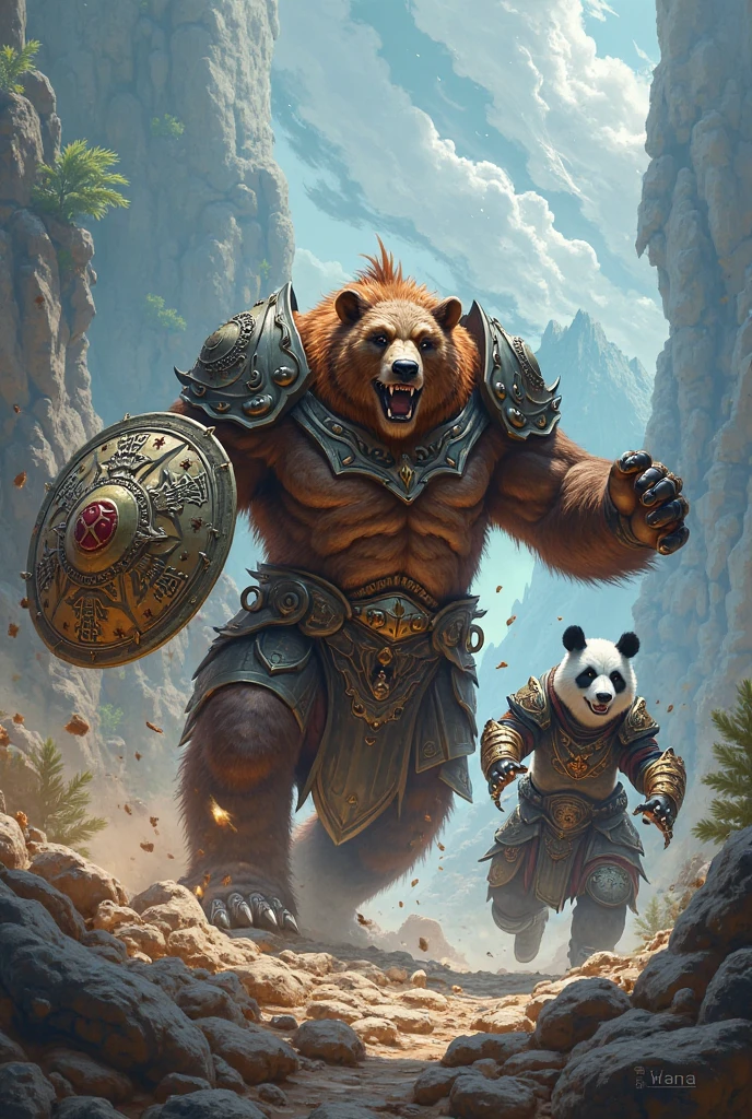 (absurdres, masterpiece, best high quality image epic artwork, high fantasy genre, carefully detailed image, carefully detailed textures, animalistic characters, fantasy animal artwork, anthropomorphic, real animal features)
{{(1humanoid-animal: 60 years old male brown fur Humanoid-Grizzly Bear scout:) ((big rounded bear head, green bear eyes, black nose, rounded bear ears, bear neck, bear open mouth with sharp teeth and sharp fangs), (Hulking bear body, muscular bear arms, bear hands with five fingers and grey sharp claws), (muscular bear legs, bear feet, five bear fingers with grey sharp claws)), ((bulky silver shoulder plates, black spikes around shoulder plates), (long silver war hammer with black spikes)), (serious bear face, imponent bear warrior pose, bear calmed demeanor, passive aggressive demeanor), (ancient germanic tribe styled village, green grass, wooden tents, morning sky, sun rising in the sky))}}
