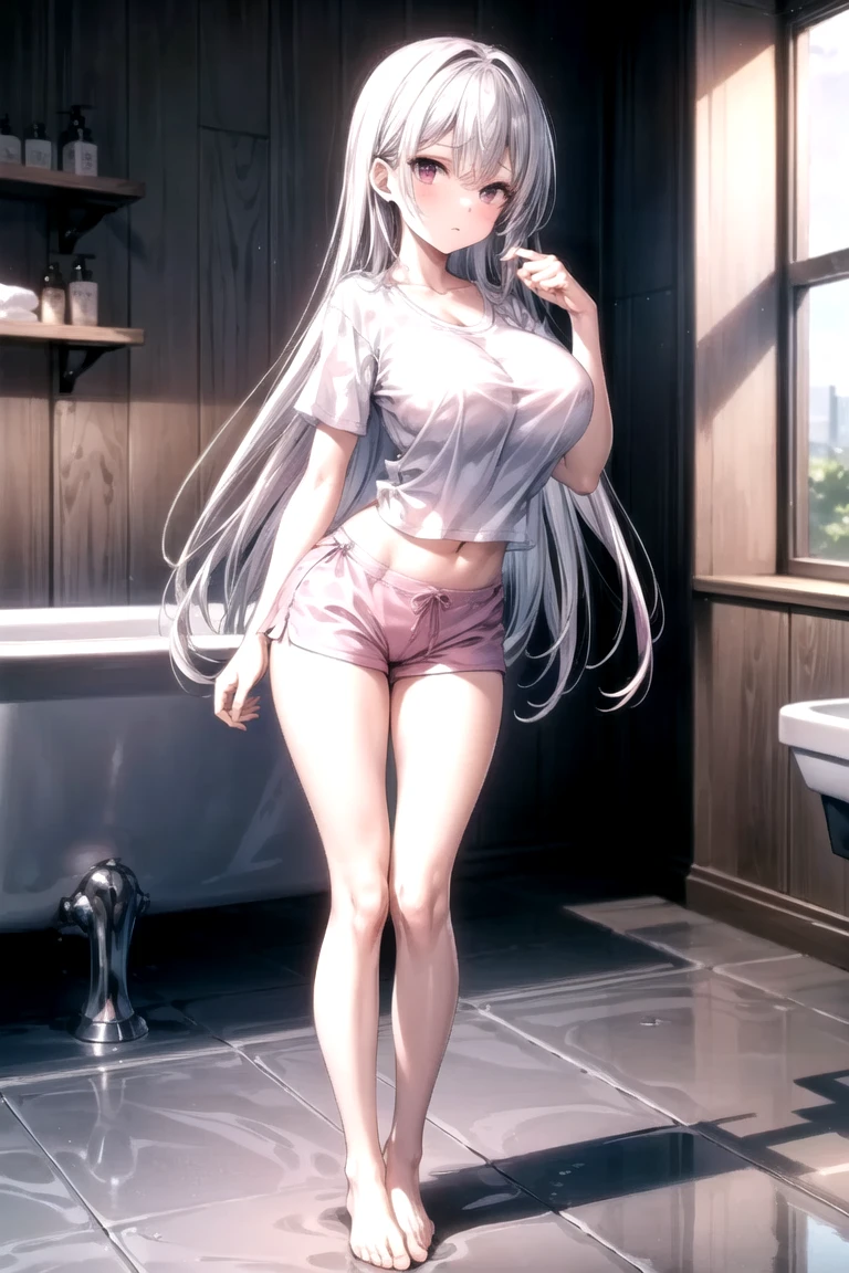 Ultra High Resolution, Masterpiece, (Bottom-Up Perspective: 1.5) (Lori: 1.5), (Gray Hair: 1.5), Detailed, Red Eyes, (Small Tits: 1.5), Full Body Image, Bathroom, Dim Lighting, Abdomen, Background Blur, Ray Tracing, Low Perspective, Eyes Looking at Camera, (Anger: 1.4), (Disdainful Expression: 1.4), Barelegs, Barefoot, (Panties Only: 1.5), Standing, (Large White Shirt: 1.2), (Shirt Unbuttoning: 1.2), (Without Bra: 1.3), (black panties: 1.2), (naturally sagging hands: 1.3), sheer clothes, slim figure, slender legs, water stains on the floor, sweat,
