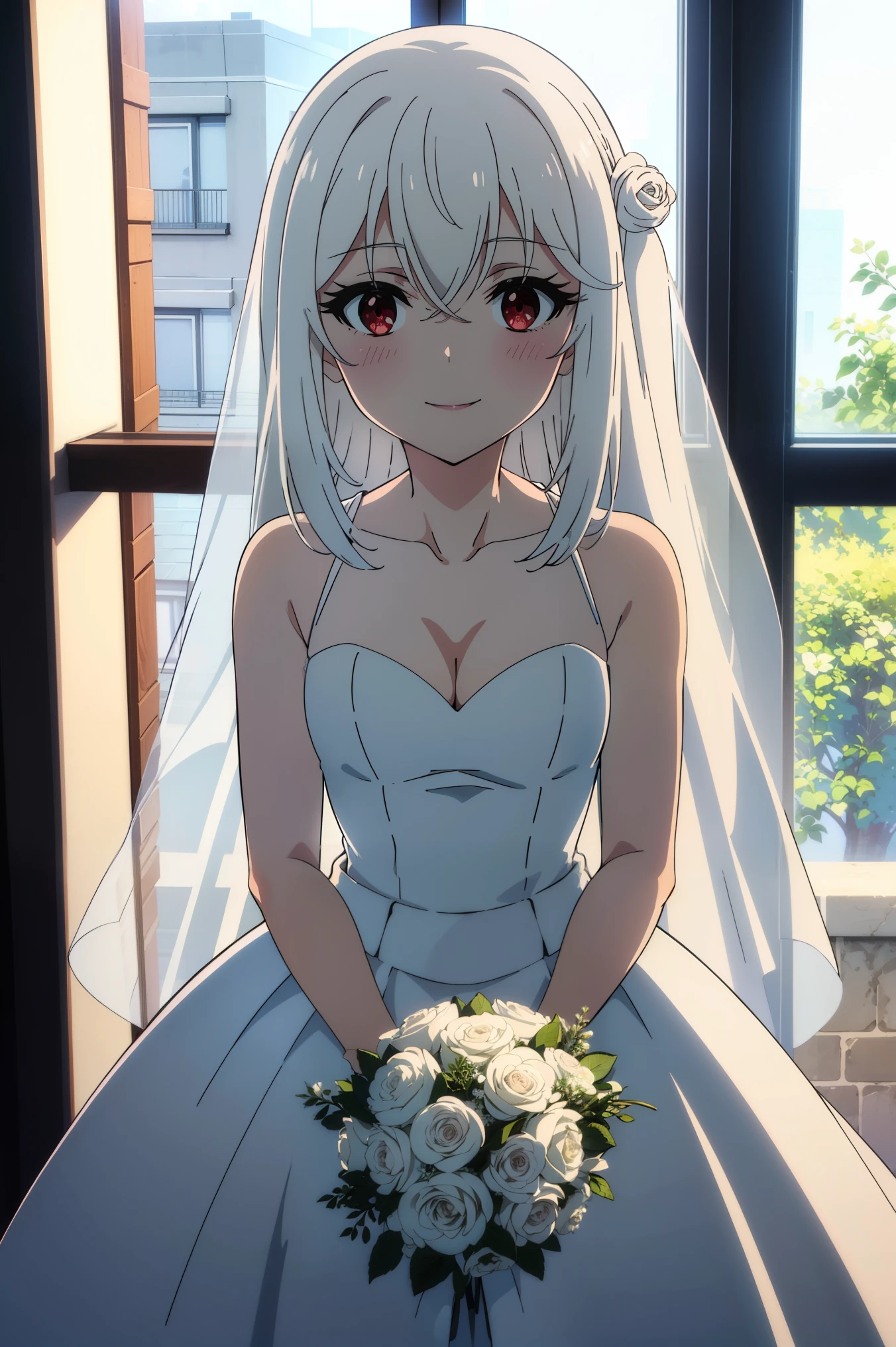 (Alone), one girl, (cowboy shot), Pickinim , white hair, long hair, HAIR ACCESSORY, slender, red eyes, small breasts, cleavage, (wedding dress), (shy:1.1), (blush), (smile), (I'm fascinated:1.1), (incoming kiss:1.2), ( wedding venue from the window), score_9, score_8_superior, score_7_superior, source_anime, (best quality:1.2), masterpiece, high quality, full color, 8k, High Resolution, front light