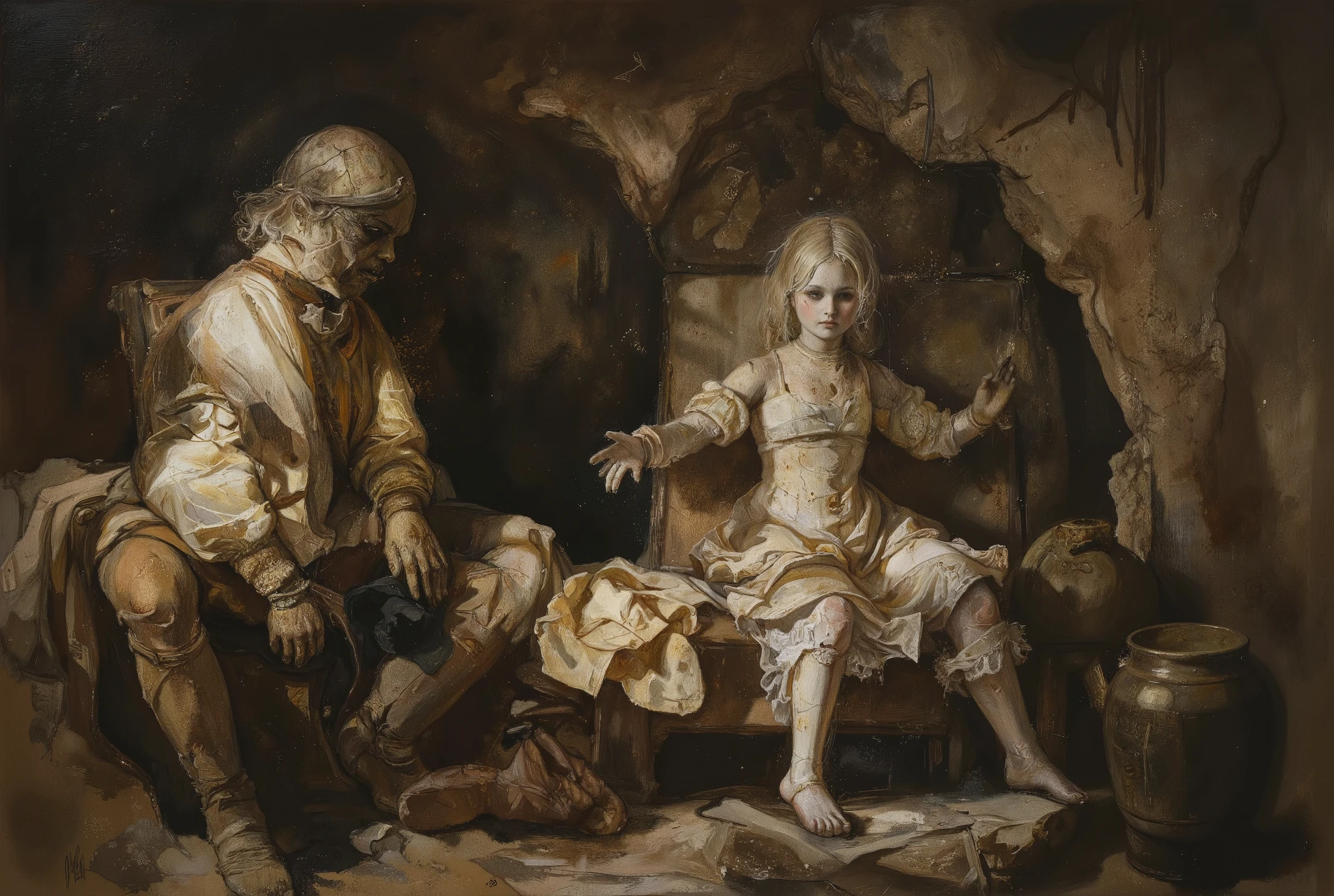 A striking illustration of a old porcelain doll in dark basement. The basement looks dusty and long forgotten. Picture emanates with eerie and grim atmosphere..