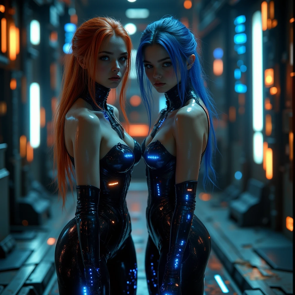 Masterpiece, Best Quality, Girls kissing , Slender, red Eyes, Hair Color, Iridescent, mech body, Long Hair Spreading, cyberpunk guns , White Skin, Medium, Cute, Sexy, Exposed Skin, Night, Psychedelic, Trip, Extreme Color, Paisley Theme,  Legs, , Full Body