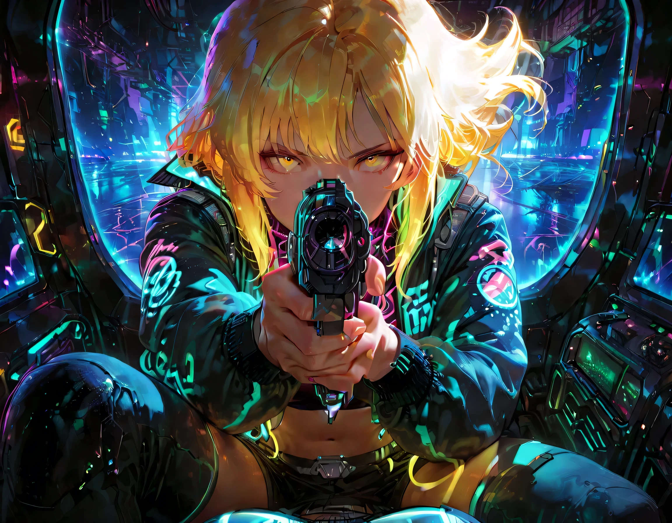 1girl,long yellow hair,sitting,multiple view,futuristic gun,neon futuristic,epic anime,highly detailed,masterpiece,4k,photorealistic,cinematic lighting,dramatic atmosphere,intricate background,glowing details,vibrant neon colors,moody sci-fi environment,advanced technology,stunning sci-fi landscape,cutting-edge design, crop top, stylish Jacket ,big breast, looking at viewer,((aiming to viewer)),POV,((Third person perspective))