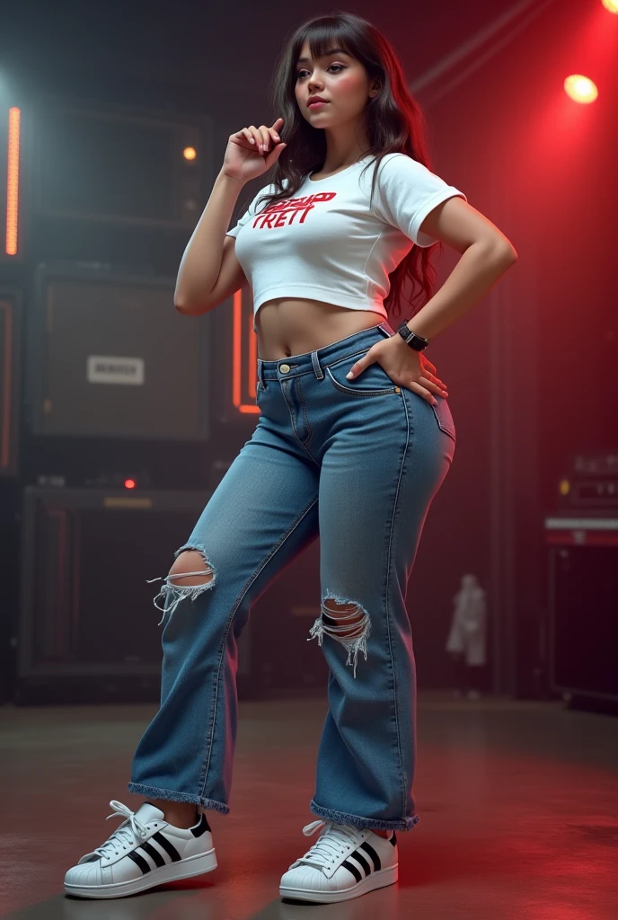 25 year old Caucasian female、Silver Hair、Straight Hair、Erotic proportions、Beautiful legs、Beautiful breasts、Wear a cross halter top、Lower milk visible、I can see my belly button、Low rise skinny jeans、Wear stiletto heels、Brush your hair back、smile、Being on stage