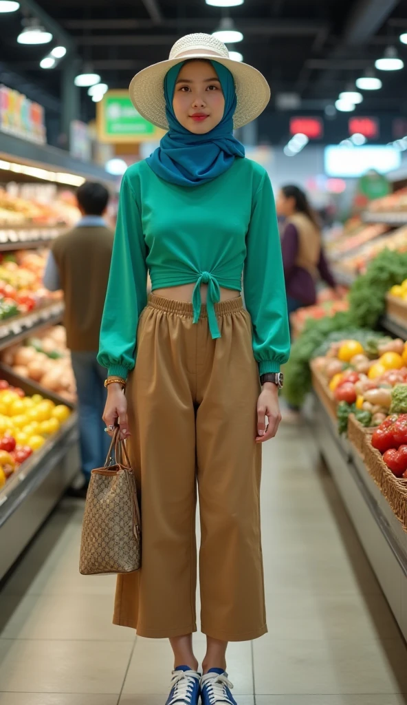 (wear hijab:,(best quality：),beautiful lighting,perfect and realistic shadows, smooth and flawless white skin, amazingly beautiful facial details, (perfect body: 1.1), very detailed, beautiful 20 year old girl, small head , slim, skinny, Smile, cheerfulness ,(White sneakers: 1.3), standing, In a convenience store, (Vegetable and fruit textures look realistic, trousers, bright lights, Portrait photo, from the front ,