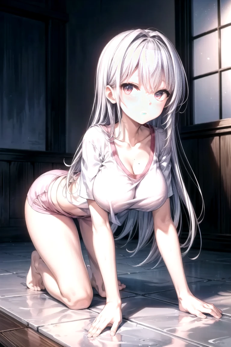 white hair,Completely naked,pants,Loli,li,small breasts,No breasts,slender,cute,It&#39;s exposed,cover your chest with your hands,lotion,Wet,love,embarrassed,love juice,Pussy,Pussyから液体,highest quality,one person,exposing genitals,female organ,nipple,solo,girl sitting