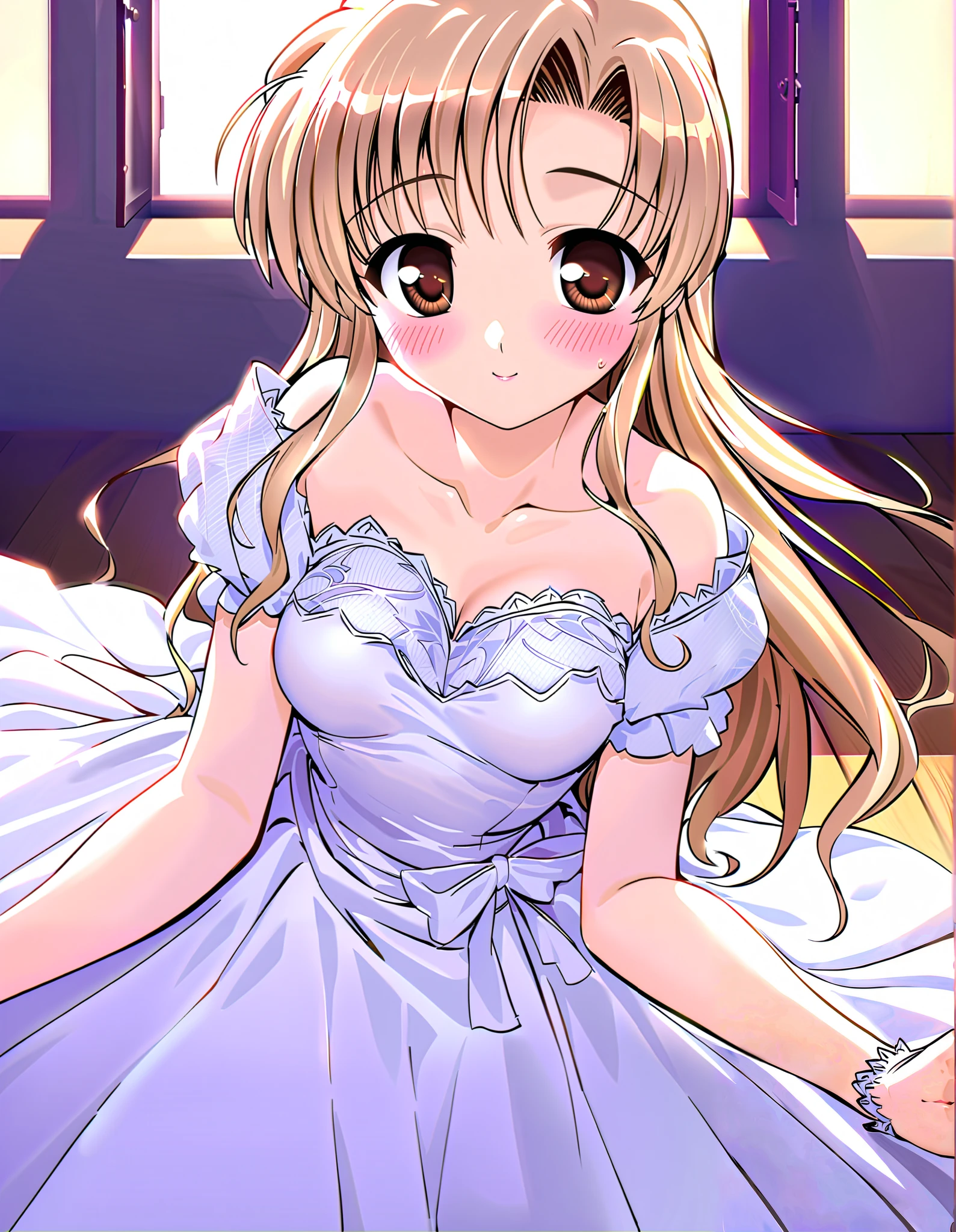 hozumi sayaka, Alone, one girl, (face focus), long hair, brown hair, brown eyes, (wavy hair:0.7), blonde hair, small breasts, cleavage, (wedding dress), (shy:1.1), (blush), (smile), (I'm fascinated:1.1), (incoming kiss:1.2), ( wedding venue from the window), score_9, score_8_superior, score_7_superior, source_anime, (best quality:1.2), masterpiece, high quality, full color, 8k, High Resolution, front light