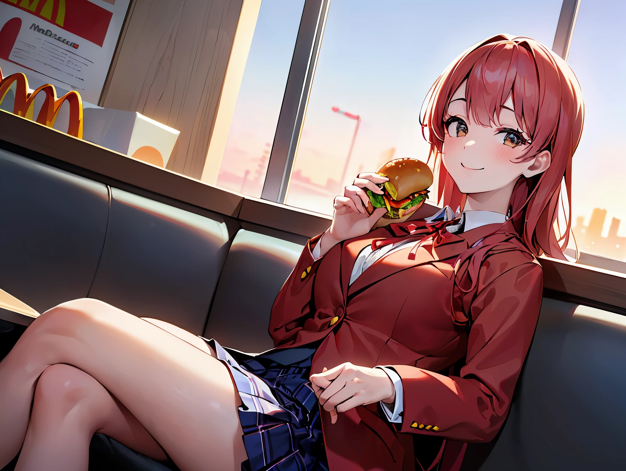 (((Best quality, 8k, Masterpiece: 1.3)), ((best quality)), ((masterpiece)), (detailed), perfect face, A Japanese high school girl sitting inside a McDonald's, enjoying a hamburger after school. She is still wearing her school uniform, consisting of a navy blue blazer, a red ribbon at her collar, and a plaid skirt. She looks relaxed and happy, sitting in a booth, holding a hamburger with one hand, and smiling. The McDonald's interior features bright lighting, red and yellow colors, and the fast-food atmosphere. Outside the window, it's the late afternoon with a bit of sunlight streaming in, suggesting she's stopped by after classes