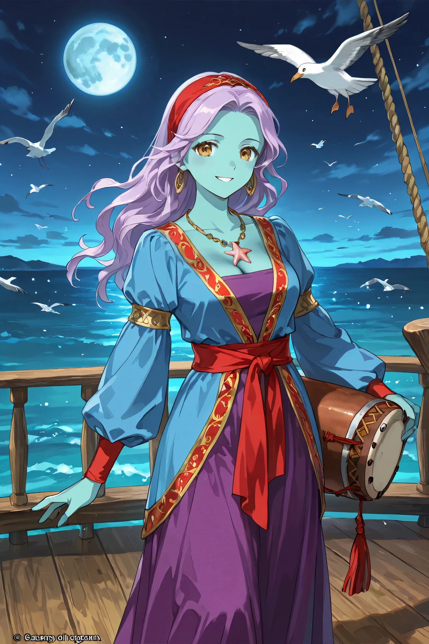 triton, solo, female, turquoise skin, lavender colored hair, gold eyes, red gypsy headband, (cream colored 18th century dress, gypsy style), beautiful body, starfish necklace, dazzling, graceful, smiling, holding a small tribal drum her right hand, standing on the deck of a wooden ship, night scene, full moon in sky, seagulls flying in background, dungeons and dragons, fantasy art, up,