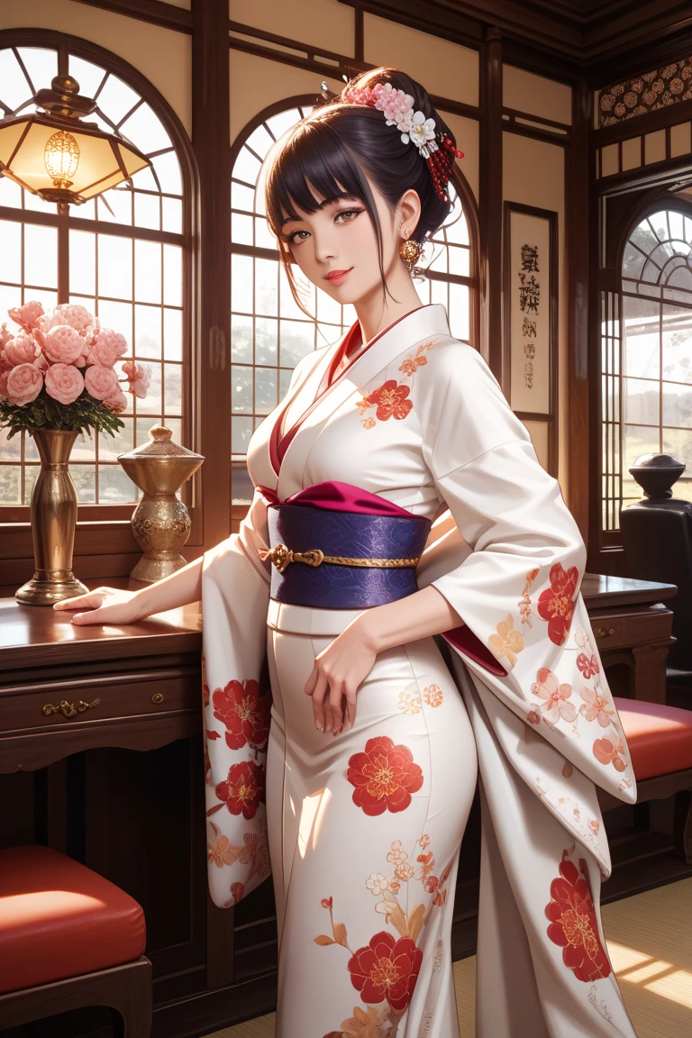(masterpiece, top quality, best quality, official art, beautiful and aesthetic:1.2), (1girl), extreme detailed,(fractal art:1.3),colorful,most detailed 16 year old with short hair and two-block style、Kimono Punk、A profound feeling、Large breasts、round face、A confused look、cute、Standing posture、Red Underpants、Butterfly pattern Japanese-style room、Side light、The background is blurred、