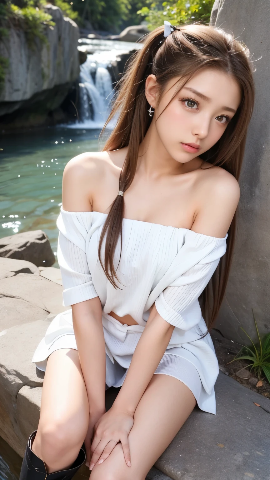 Reality, high resolution, Soft Light,1 Woman, Solitary, Hip lift, View Viewer, (Delicate face), long hair, Lying on the grass, Looking from the bottom up, Show your upper body, secretary, Black skirt, stockings, plump breasts,Not worn,Not worn, White skin