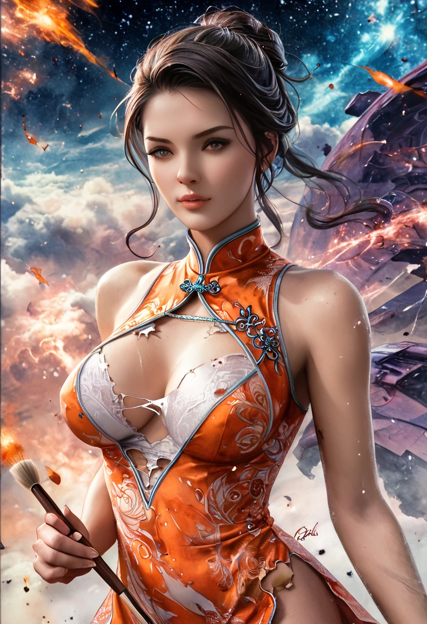 masterpiece, (best quality:1.4), Realistic, extremely detailed CG unified 8k wallpaper, Extremely detailled, High-definition raw color photos, professional photograpy, Realistic portrait, Cinematic Light, Beautiful detailed, 1girl in, (Naked:1.5), Beautiful big breasts, breasts details, Exposed breasts, (cleavage of the breast:1.2), Short ponytail, (Fine face:1.2), Long hair, Close up portrait of a girl in a completely transparent kimono with wide open front, Bare shoulders, (completely transparent kimono with wide open chest:1.4), open chest wide, ???????、Beautiful kimono with the image of a dragon, No bra, No panties, pubic hair, cameltoe, (cameltoe details), (with super huge dragon), (super huge and fierce dragon in the background:1.2), Black Dragon, details of the dragon, ((Innumerable sparkling jewels, Myriad shining jewels)), Fantasy Art, Outdoors, highly complex details, Intricately intertwined, fluttering in the sky, overlooking the clouds, rising flames, a desperate situation of crisis, transcendence realism,
