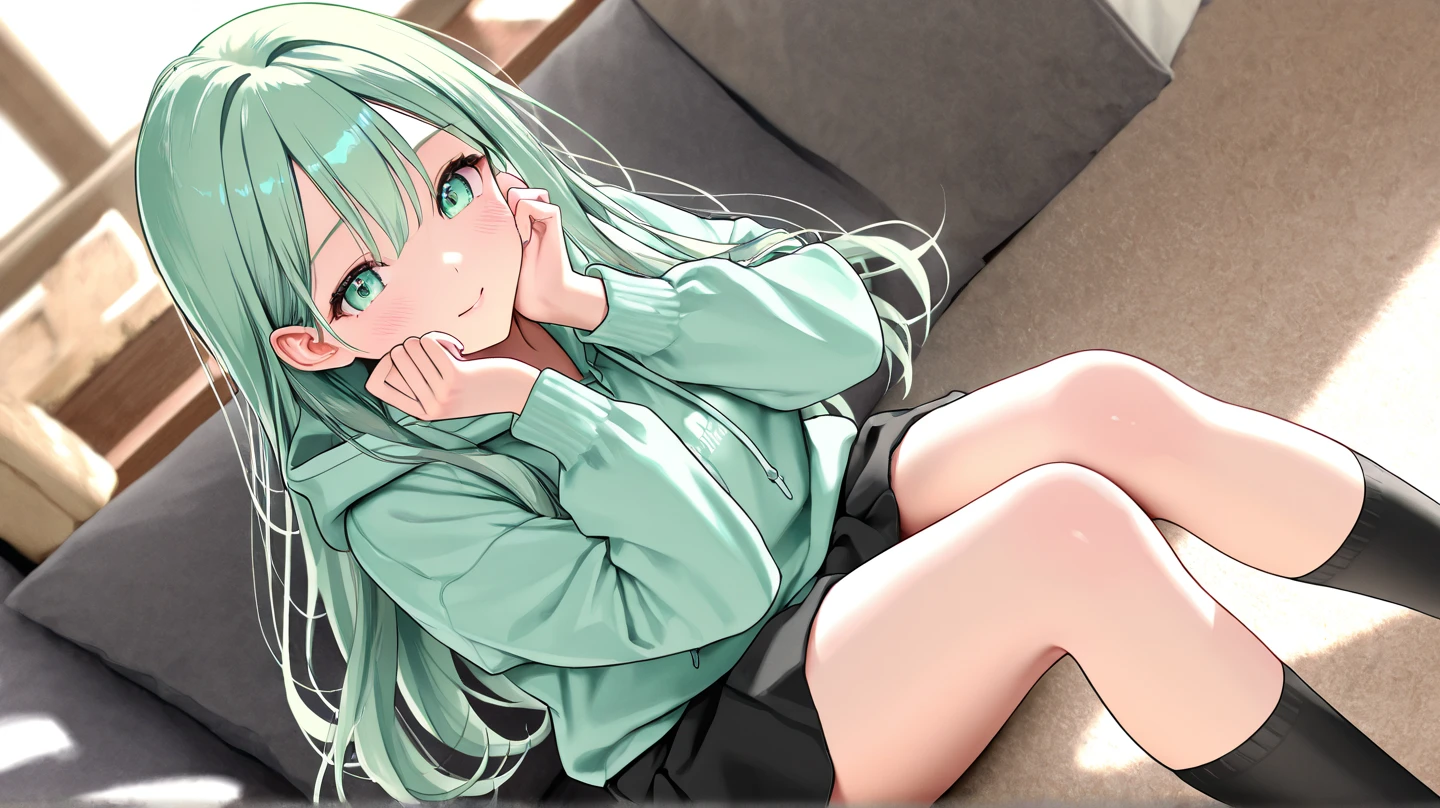 Long silver hair, green eyes, headband, necklace, small, smile, happy, sueter, hood, mini skirt, beautiful thighs, Inside the house, Randoseru, schoolbag