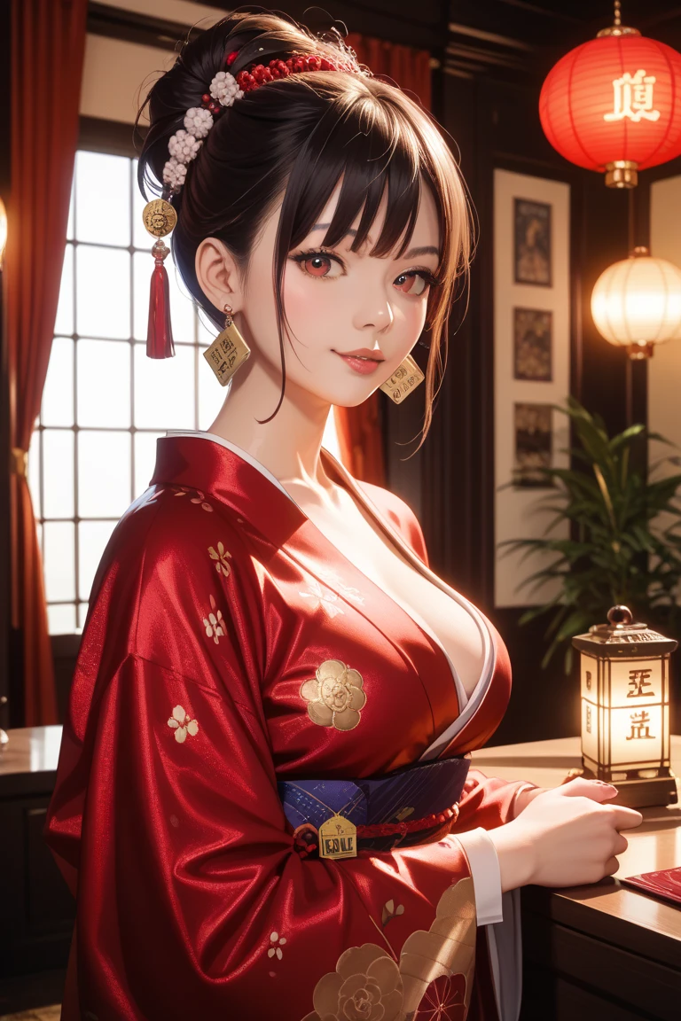 Chun-Li's face, cat ears, red Chinese clothing, sitting and smiling, anime style