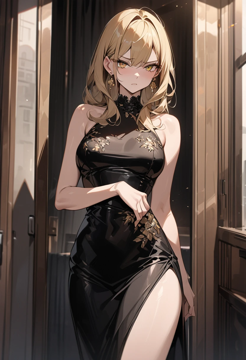 (masterpiece, top quality, very aesthetic, 4k、illustration), intricate detail, 1woman,solo,contrapposto 、(gradient eyes、tareme)、Strong glowing eyes、asymmetrical bangs,Fair skin,(cowboy shot)、beautiful women、Cleavage、light smile、(red lipstick),beautiful face、(gradient hair)、(blonde hair)、low ponytail、sidelock ,straight hair,green eyes、Evening Dresses、medium breasts、slender 、