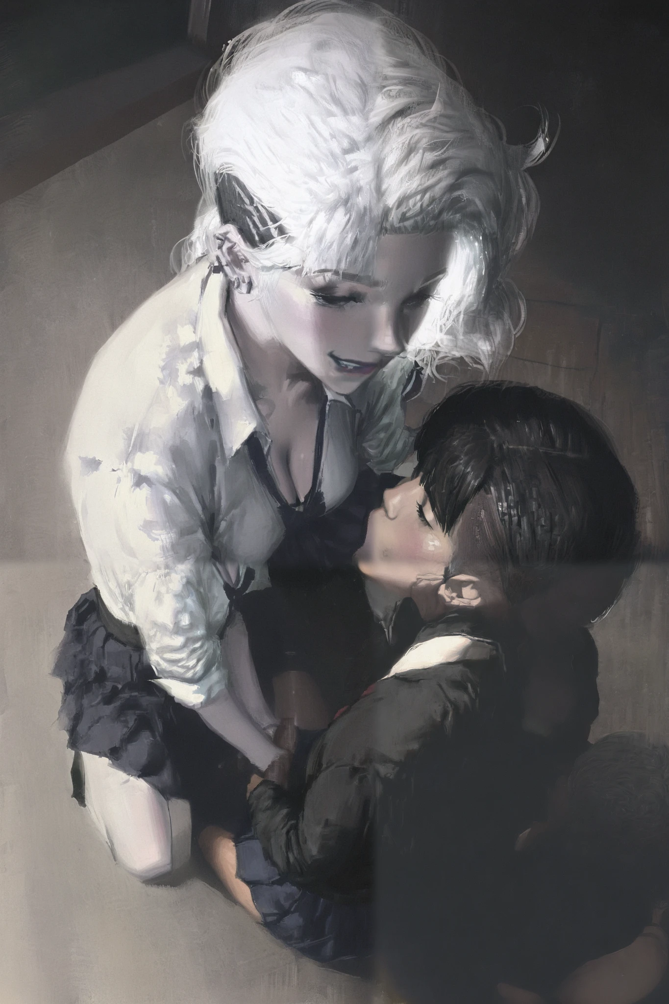 HDR, 8K, high contrast, masterpiece, best quality, amazing quality, very aesthetic, anime artstyle, realistic, hentai art, newest, (artist:incase:0.5), (artist:tsuaii:0.5) ,
BREAK
shiej007, bounce light, hyperdetailed, detailed hair strands, detailed fibers,
portrait, masterpiece, semi-realism,painterly, vivid colors,
high angle, futa on female, dark skinned futa, white hair, undercut, gyaru, tanlines, school outfit, cleavage, smirk, white skinned girl, goth girl. goth girl kneeling, goth girl giving blowjob,