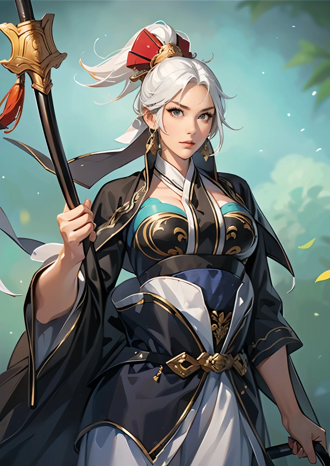 a close up of a strong woman in her 30's, with purple eyes and gray hair, wearing a black and purple ball gown dress, a heroine with blue eyes, martial artist holding polearm, standing in a chinese temple, new costume concept design, in the style of blade and soul, full body character concept, detailed character design, inspired by Yang Jin, inspired by Li Mei-Shu, chinese costume, inspired by Lan Ying, inspired by Sim Sa-Jeong, inspired by Li Tang, lunar themed attire, costume with blue accents, inspired by Ju Lian, colored concept art, highly detailed character design, highly detailed face, inspired by Ai Xuan, very highly detailed face, unreal engine render, final fantasy 14 style, inspired by Leng Mei