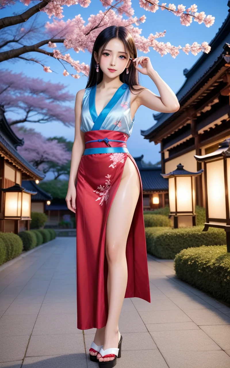 最high quality、high quality、Best image quality、8k、最High resolution、High resolution、最high quality、masterpiece、RAW Photos、whole body写真、Detailed and realistic human body、Detailed and realistic skin、Realistic face in every detail、Detailed and realistic eyes、Detailed and realistic lips、Detailed and realistic teeth、Detailed and realistic ears、Detailed and realistic hair、Realistic reproduction of every detail、((Beautiful Hands(thumb1、reference4))、Realistic feet down to the last detail、((Beautiful Japanese Girl))、(Japanese Model)、((18 year old beautiful girl))、(Black Hair)、(Random Hairstyles)、((whole body))、((Slim and perfect figure))、(Beautiful and firm breasts)、(whole body光沢肌、Fair skin)、Soft natural light、China dress、kimono、Ninja costume、Japanese tradition、Japanese garden、((Colorful floral pattern(Ninja costume))、((Relax in the garden(Make your thighs look beautiful))、((Hold your hands behind your head))、Sexy pose