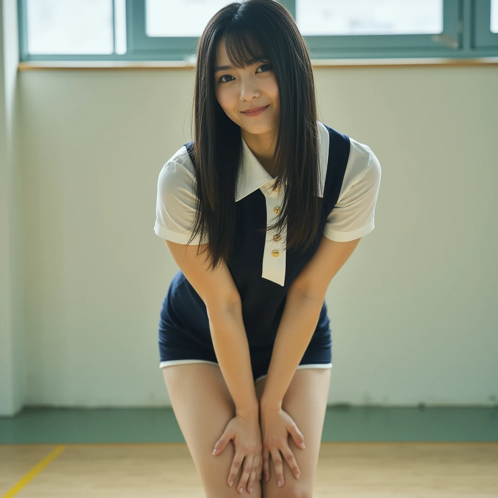 (Looking directly at Viewer:1.5),(big smile:1.2)32K, masterpiece, Raw photo, Best Quality, Photorealistic, Highly detailed CG Unity 32K wallpaper, depth of fields, Cinematic Light, Lens Flare, Ray tracing, (Extremely beautiful face, Beautiful lips, Beautiful eyes), intricate detailed face, ((Ultra detailed skin)) 1girl in, deep shadow, Cutest Pretty Japanese girl, Super Idol, 1 girl,(Happy smile:1.3), Clear eyes, Front shot, (pale skin), (Big eyes:1.2), Face forward, (Brown hairs), thick thighs, (Japanese school uniform:1.1),(double eyelies:1.3),long eyelashes,(white panties:1.2),balanced elegant face,(small mouth:1.1),drooping eyes, cubby ass, big hip