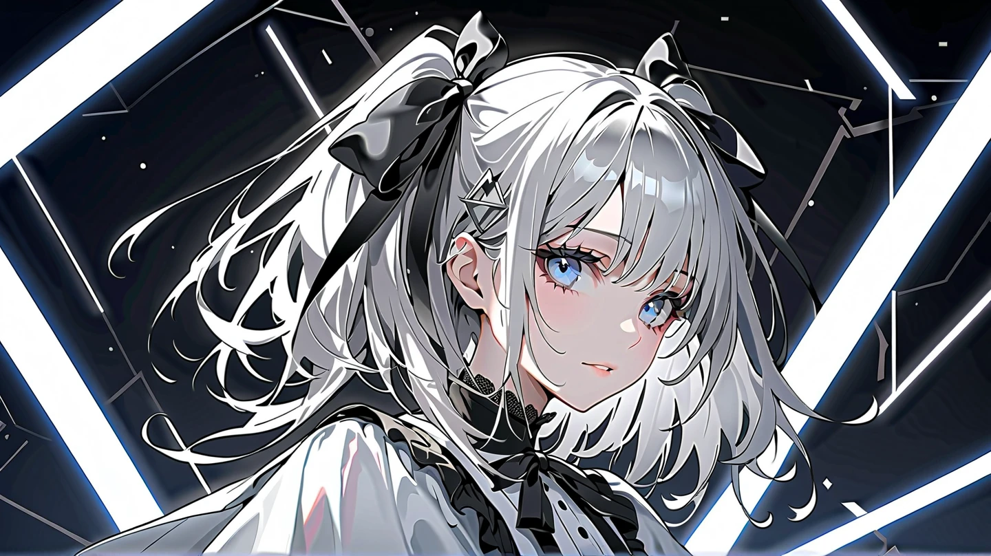 ( digital art :0.2),(Geometric Art:1.7),(Highest quality),(masterpiece), delicately drawn face ,a girl with a beautiful face, blue eyes with beautiful details,gothic lolita fashion,((Black and White Costumes )),( Beautiful Silky Silver Hair :1.2),Black ribbon hair ornament , movie lights, abstract, Beautiful Gradation of the Sky , geometric background ,(mosaic)