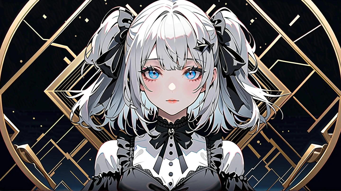 ( digital art :0.2),(Geometric Art:1.7),(Highest quality),(masterpiece), delicately drawn face ,a girl with a beautiful face, blue eyes with beautiful details,gothic lolita fashion,((Black and White Costumes )),( Beautiful Silky Silver Hair :1.2),Black ribbon hair ornament , movie lights, abstract, Beautiful Gradation of the Sky , geometric background ,(mosaic)