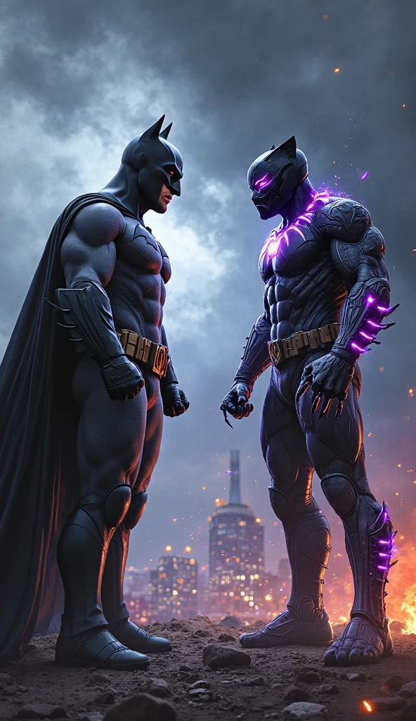 I want a Batman in profile with the large medieval-style silver robotic armor, with white luminous eyes. who is fighting against the giant villain Darkseid in profile who has a face like purple stone with wrinkles and no beard , bright red eyes and fire like two torches ,purple arms and dark blue hood, On the torso a dark blue suit without any symbol and dark blue pants and big boots and behind you can see a factory with fire ovens in a dark background . Darkseid is taller and bigger than Batman.