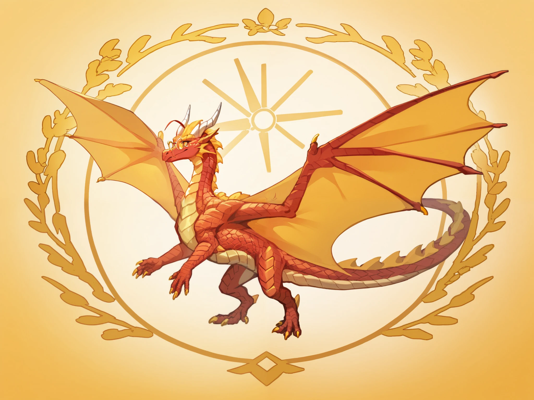 A dragon with red scales all over,Golden Nails ,Golden eyes,Gold frame glasses,Golden olive branches grow on dragon horns,Golden-orange wings,have a five-line pattern on the wing edge,simple background/ no background , look at the audience, Setting diagram, Full body picture