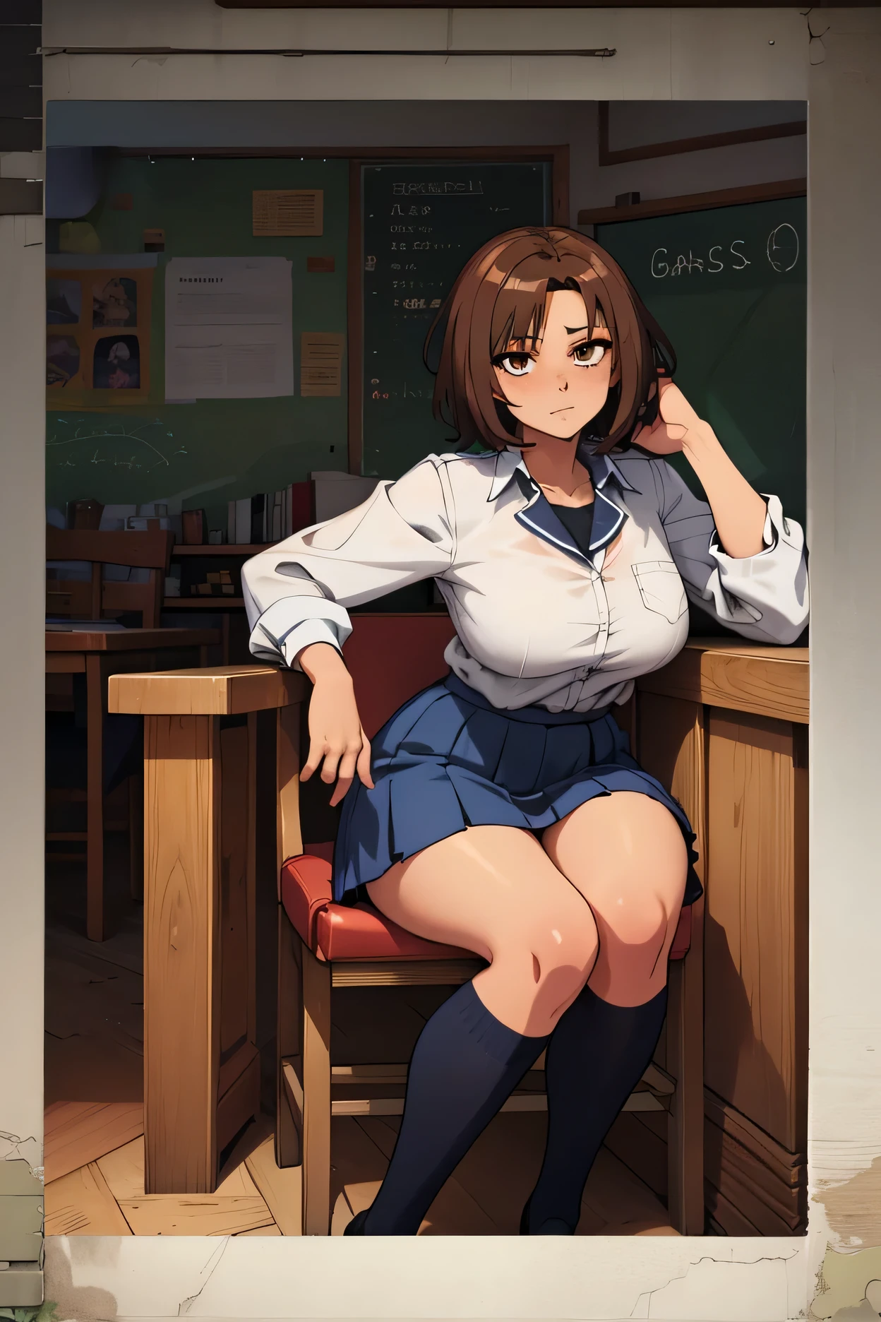Ultra-high-definition, super-detailed full-HD, ultra detail, high detailed digital anime art, fine details. anime,8k, masterpiece, hi-resolution, best quality, hi-res, Top Quality, High Quality, High Resolution, pretty, attractive, woman, anime, high detailed digital anime art, fine details. anime,8k, masterpiece, hi-resolution, best quality, hi-res, Top Quality, High Quality, High Resolution, woman, short hair, spiky hair, brown hair, school uniform, hourglass figure, brown eyes, knee-high stocking, freckles, athletic, tall, sitting on chair, embarrassed, tan lines, curvy