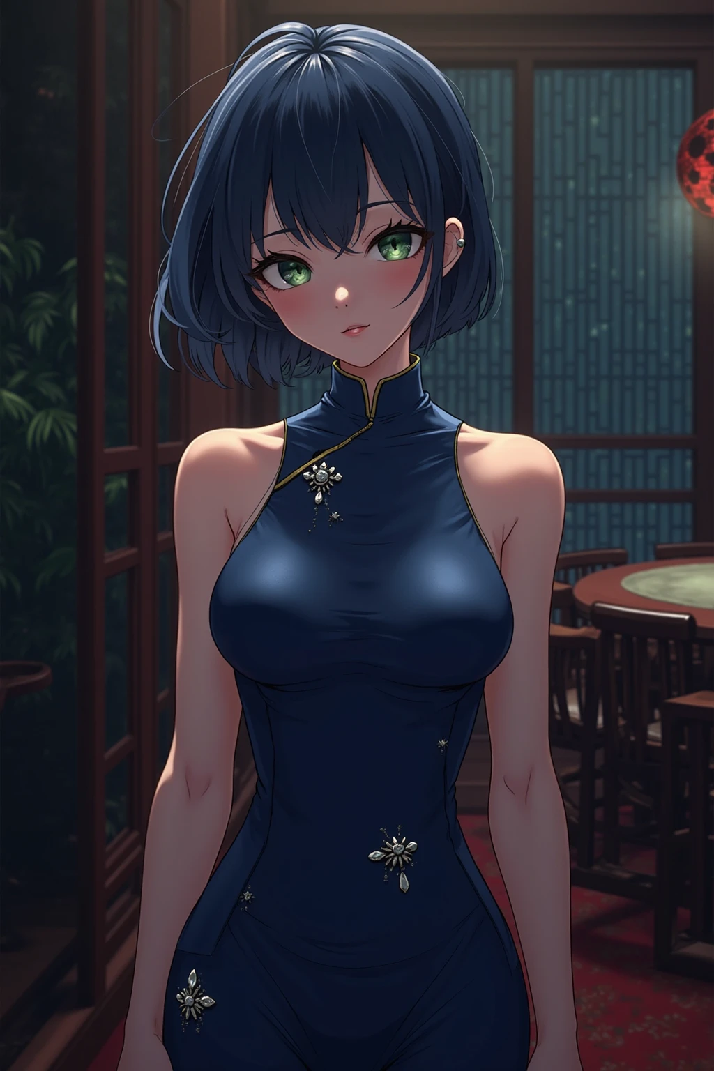 Alice Nagiri、A smile、Colossal tits、Black High Heels、White floral pattern Blue cheongsam、Chinese Restaurant、Lace fishnet stockings、A slender、Blue hair、Golden earrings、low angles、armpit、Blue eyes、eye glass
