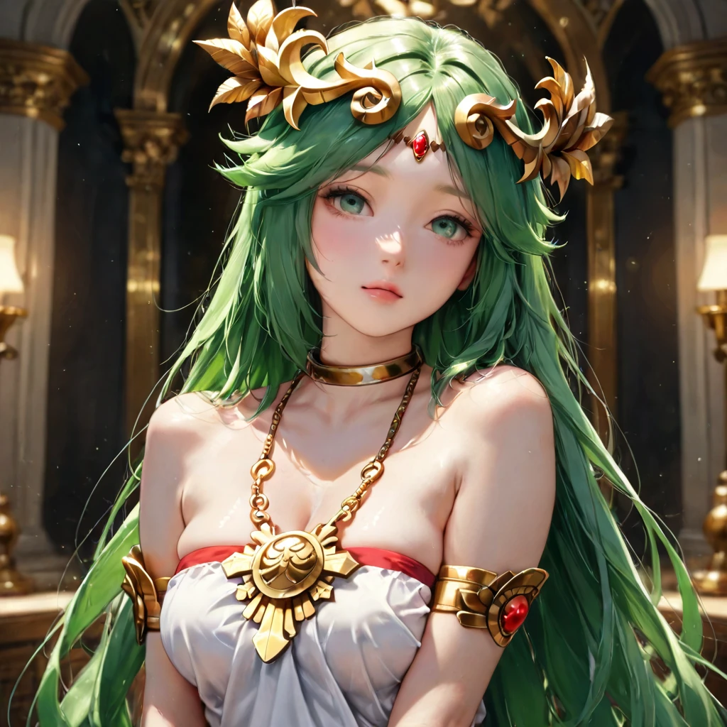 ((best quality)), ((highly detailed)), masterpiece, absurdres, detailed face, beautiful face, (detailed eyes, deep eyes), <lora:more_details:.2>, (1girl), dynamic pose, full body, <lora:hairdetailer:.8>, <lora:palutena:1>, palutena, very long hair, green hair, (goddess), large breasts, smiling, white dress, strapless, necklace, jewelry, holding staff, (at a pond, partially submerged, wet hair, evening, night sky, stars, crescent moon, shooting star)