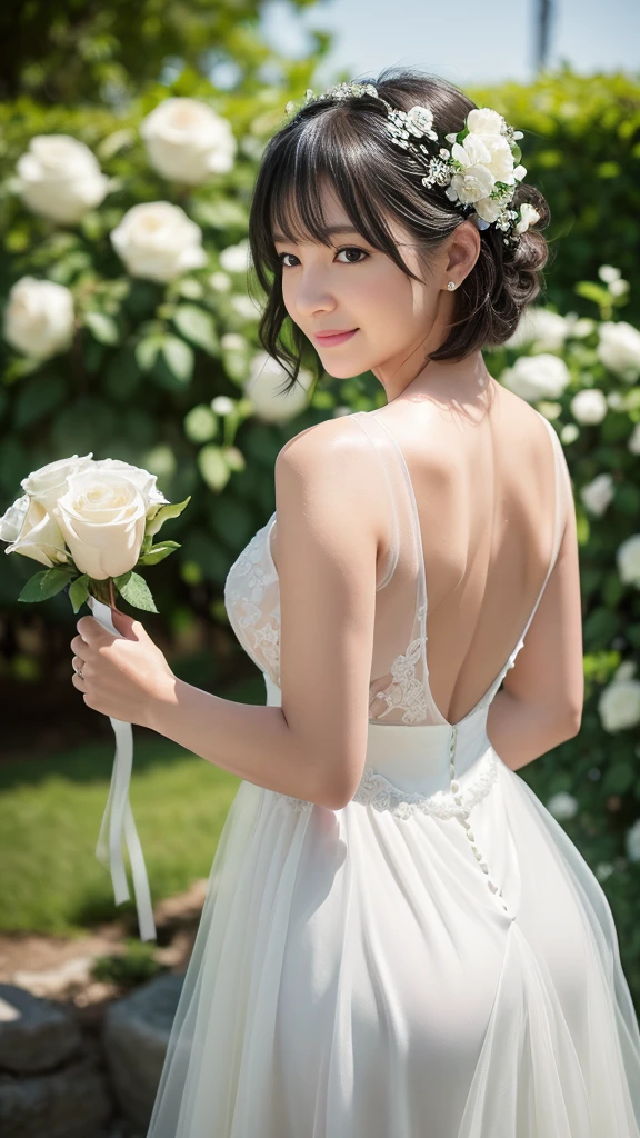 ((Photographed at a wedding))、Wearing a wedding dress、Are standing、(arms behind back)、 ((Best Quality, 8K, masterpiece :1.3)), Full body、sexy girl with perfect figure :1.4, Slender Abs :1.1, ((Huge breasts :1.0)),Ultra-detailed face and skin