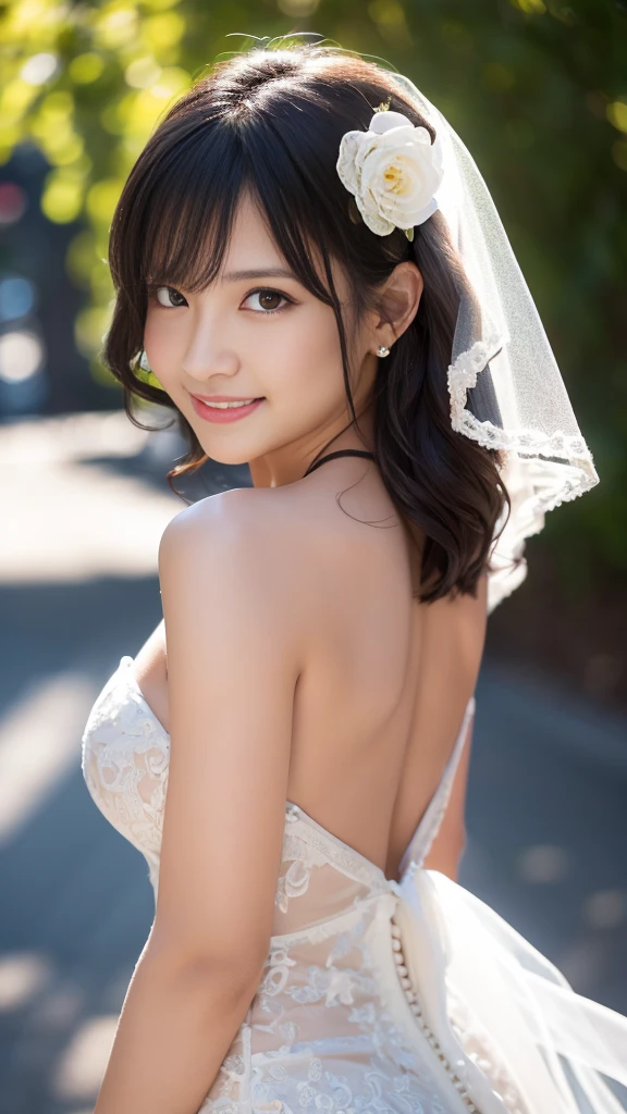 8K, RAW photo, highest quality, masterpiece: 1.2), Super detailed, ultra high resolution, (realistic, realistic photos: 1.37), portrait, High-definition RAW color photos, professional photos, Particle Texture Photography, very delicate and beautiful, very detailed, 8K wallpapers, Amazingly detailed details, huge file size, official art, Highly detailed CG Unity 8K wallpaper, very detailed beautiful girl, very detailed face, very fine eyes, very detailed skin, very detailed fingers, very detailed nose, very detailed mouth, perfect anatomy, very detailed background, very detailed clothes, 1 girl, (20-year-old: 1.2), 20th generation, cute girl, realistic body,, short hair, (bangs: 1.2), smile, cute, youth, cute face, realistic face, delicate eyes, 垂れ目highest quality, masterpiece, 8K quality, high detail, photographic style, detailed background, 28 year old beautiful Japanese woman、bridal tiara, bridal veil, bridal gauntlet, Upper body, Beautiful Wedding Venue,With a well-shaped bust, Clear waist, and beautiful light brown hair, Captivate everyone around. Please generate a detailed description of this scene.,fair and beautiful skin、Gentle atmosphere、bangs、Beautiful hair fluttering in the wind、cute face、Portrait、cute girl、Popular models in Japan、smiling kindly、Warm light、Beautiful cleavage、