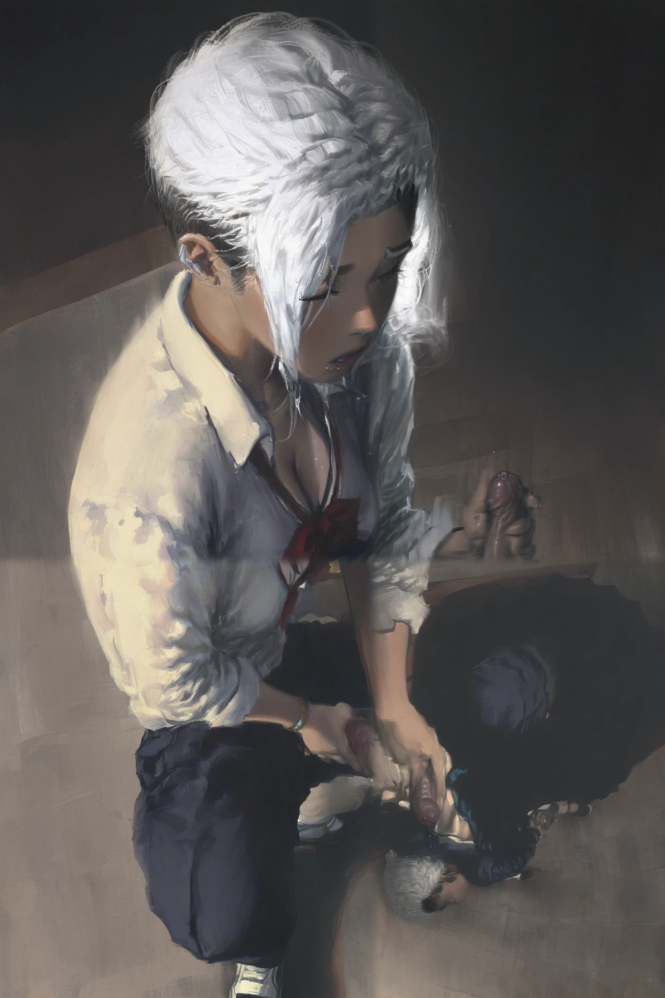 HDR, 8K, high contrast, masterpiece, best quality, amazing quality, very aesthetic, anime artstyle, realistic, hentai art, newest, (artist:incase:0.5), (artist:tsuaii:0.5) ,
BREAK
shiej007, bounce light, hyperdetailed, detailed hair strands, detailed fibers,
portrait, masterpiece, semi-realism,painterly, vivid colors,
high angle, futa, dark skinned futa, white hair, undercut, gyaru, tanlines, school outfit, cleavage, masturbating, futa masturbation, rubbing penis, precum,