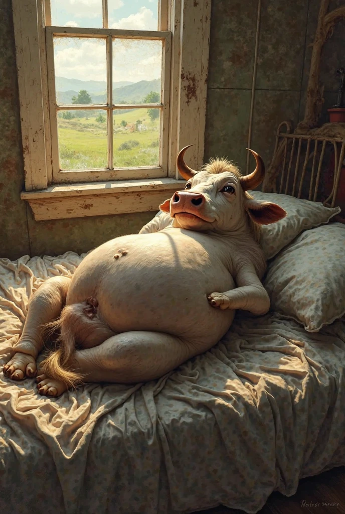 (cute, fat, obese, anthro, male, bull), fullbody, nude, butt sit at bed, smile, balls, hires textures, highly detailed, intricate details, best quality, masterpiece, sunlight, light particles, detailxl, zPDXL2