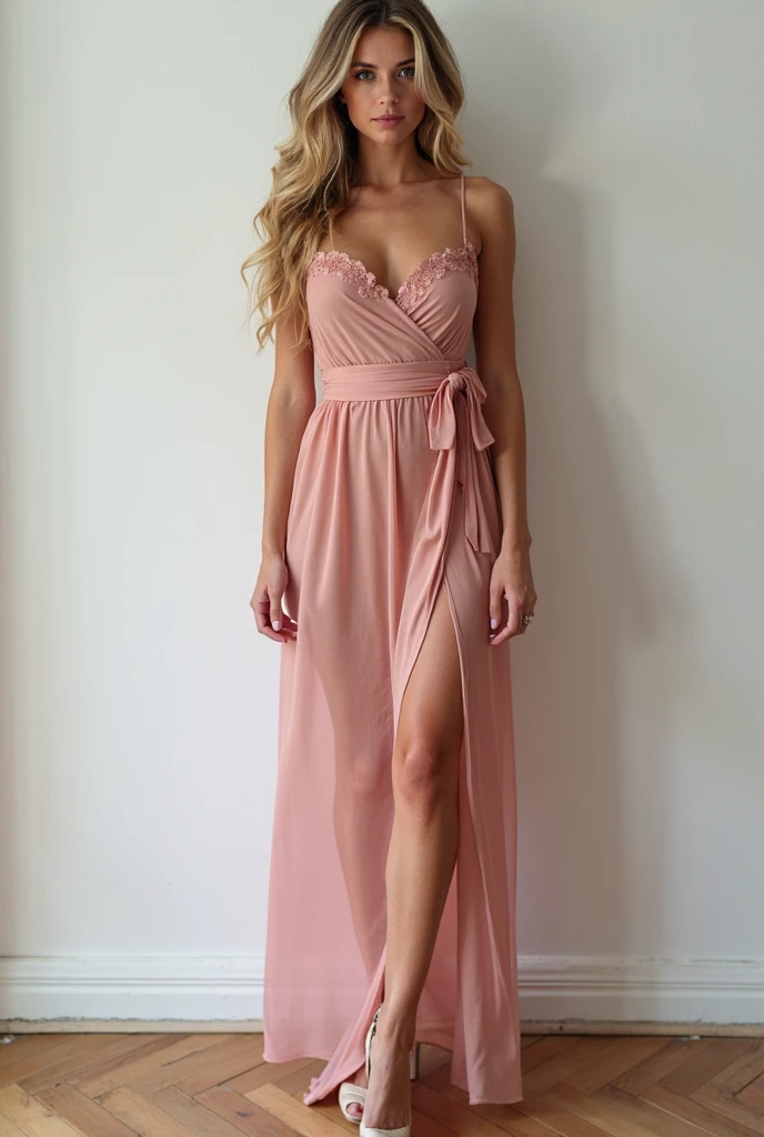A 18-year-old blonde woman, nurse , ((small natural breasts )), ((hiperrealismo)) ,. blonde hair with light brown roots. cabello rubio, Hair with brown roots, extra long hair, really long hair. smirking, happy, full body, photo taken with iPhone, cleavage, photo simple background, princess pink and white dress, beautiful big dress, small, full body shot, delicate beautiful long dress