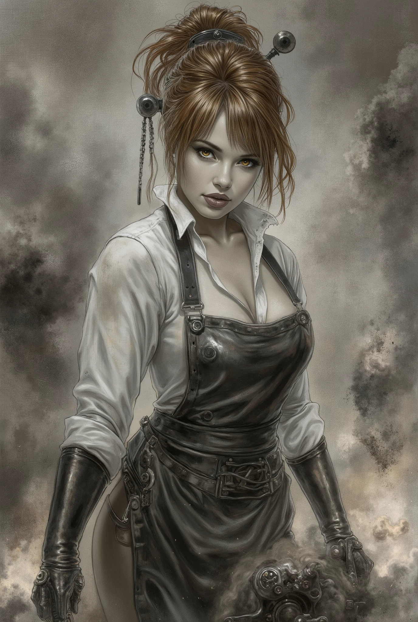 A stunning monochromatic image of a woman as a mechanic in a retro-futuristic 19th century setting. She has a thriving body, wears a revealing grease-stained apron over a sexy tailored leather jumpsuit, her sleeves rolled up to reveal strong arms. Her hair is styled in a messy bun with copper highlights, contrasting sharply with the grayscale palette. Her eyes are a piercing amber, and her lips are painted a deep burgundy. The background is filled with abstract steam and mechanical parts, blending into her form