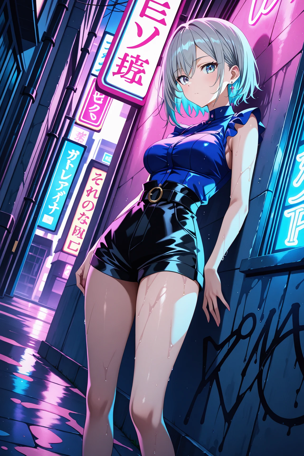 anime style, movieポートレート写真, 1 female, 22 years ago, Full body Esbian,Blue eyes background, big and full breasts, anger, (scarlet colored hair), long hair, purple eyes, wearing a short black dress, (natural skin texture vivid details, surreal, (realistic detailed eyes, natural skin texture, realistic facial details), soft and dramatic lighting, written boundary depth, Bokeh, vivid details, surreal, 35mm movie, hazy blur, movie,lipstick, ear piercing, eye shadow, hoop earrings, Red-pink lips, multicolo red eyes, purple theme,,Wear a rainbow-colored aura,beautiful eyes,stand in front of the red gate、shrine,Jingumae,bold pose、decide on a pose,short hair