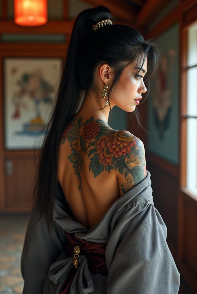 Woman with Japanese phoenix tattoo covering her entire back、Intricately detailed phoenix tattoo design、Beautifully detailed tattoos、Colorful tattoos、Photorealistic、8k、high quality、Dramatic lighting、Cinematic, muted color palette、Close up on a tattooed phoenix、Don&#39;t draw your face、