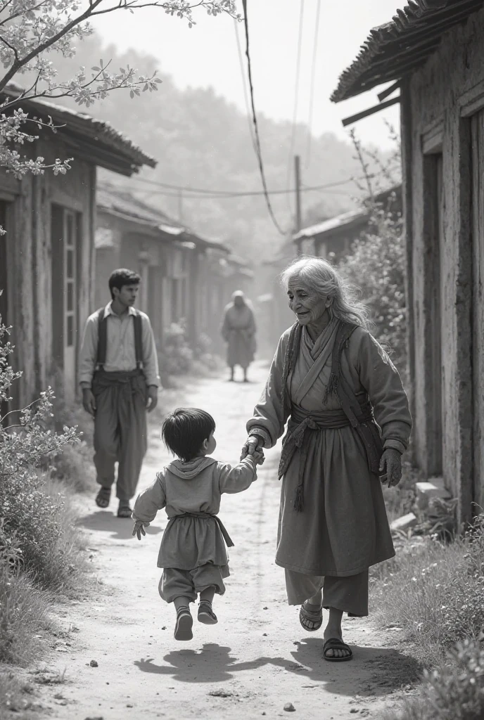(Top Quality, 8k), A Moving Portrait of an Elderly Poor Woman in Dirty Clothes, Accompanied by Her Grandchild, Walking Along a Path While Carrying Firewood. Capturing the Essence of Realism, the Image Showcases the Gentle Morning Light, Casting a Slightly Dark and Misty Atmosphere, Creating a Dramatic Scene with a Background of a Forest Edge and Sparse Bamboo Houses.