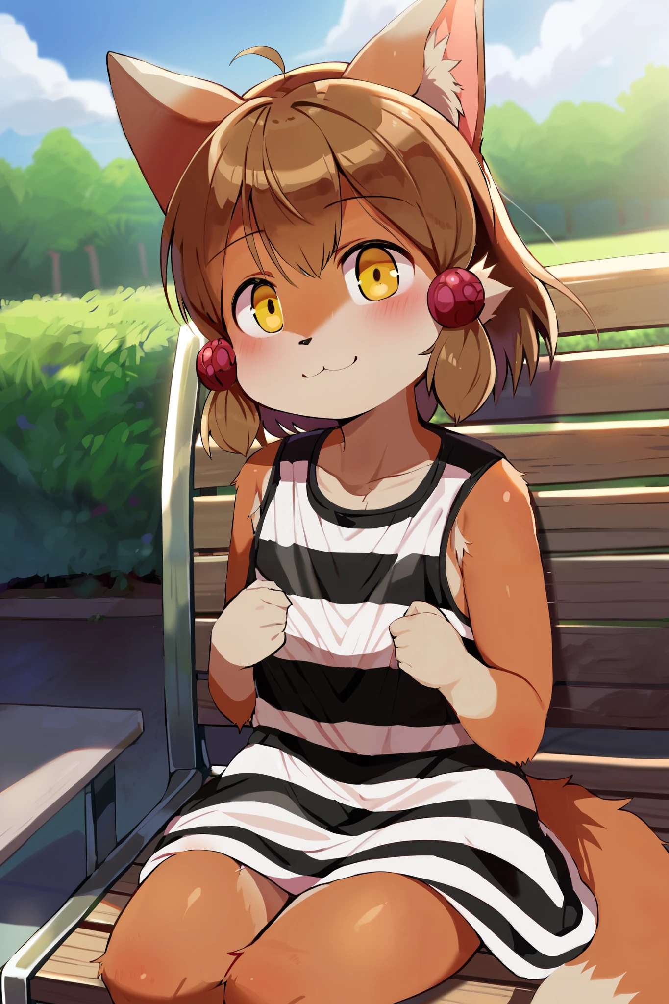 Alone, 1人のmaleの子, male, furry, body fur , brown fur, animal ear hair, short hair, brown hair, hair ornaments close to the garden, Hair ties, Dog Ears, dog tail, yellow eyes, cute face , detailed eyes, PERFECT ANATOMY, detailed skin, perfect hands, perfect face, break sleeveless dress, striped dress, break happy, :d, seated on bench, bench, Park, outdoor, colorful, Dutch angle, break ((超High Resolution)), ((Highest quality)), ((Highest quality)), ((beautiful eyes)), ((very detailed)), 4K, (8k), Highest quality, (beautiful), masterpiece, High Resolution, score_9, score_8_up, score_7_up, score_6_up, score_5_up, score_4_up, colorful, Highest quality, official art, High Resolution, masterpiece, No. 3, Divine Light, detailed background, High quality backgrounds, AddXL,