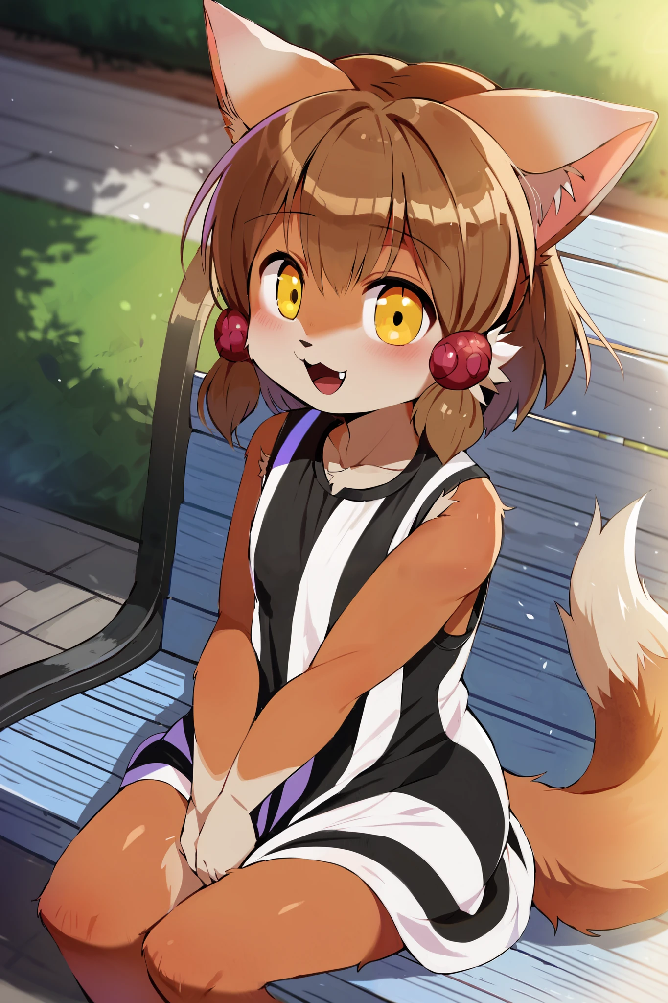 Alone, 1人のmaleの子, male, furry, body fur , brown fur, animal ear hair, short hair, brown hair, hair ornaments close to the garden, Hair ties, Dog Ears, dog tail, yellow eyes, cute face , detailed eyes, PERFECT ANATOMY, detailed skin, perfect hands, perfect face, break sleeveless dress, striped dress, break happy, :d, seated on bench, bench, Park, outdoor, colorful, Dutch angle, break ((超High Resolution)), ((Highest quality)), ((Highest quality)), ((beautiful eyes)), ((very detailed)), 4K, (8k), Highest quality, (beautiful), masterpiece, High Resolution, score_9, score_8_up, score_7_up, score_6_up, score_5_up, score_4_up, colorful, Highest quality, official art, High Resolution, masterpiece, No. 3, Divine Light, detailed background, High quality backgrounds, AddXL,