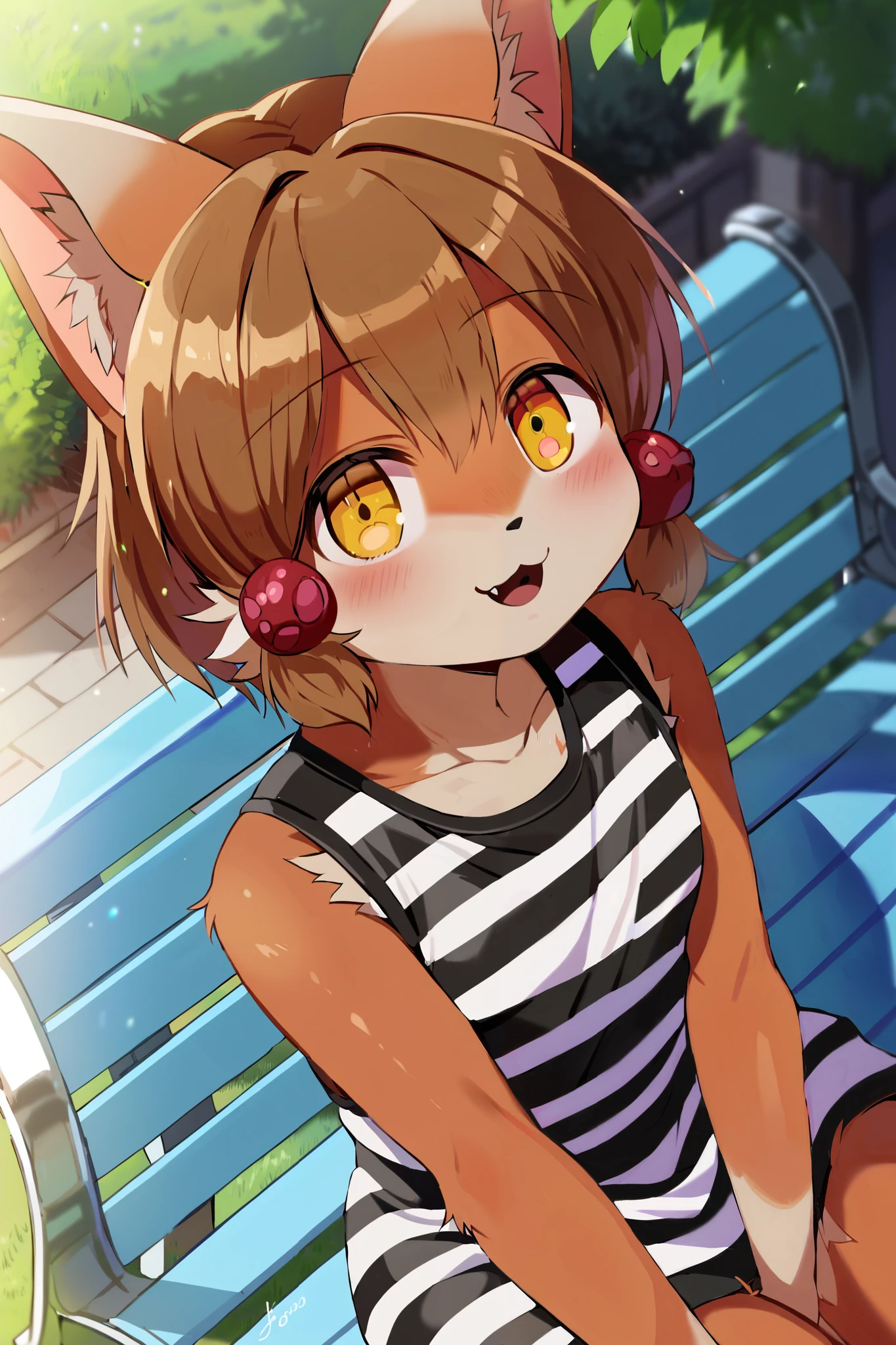 Alone, 1人のmaleの子, male, furry, body fur , brown fur, animal ear hair, short hair, brown hair, hair ornaments close to the garden, Hair ties, Dog Ears, dog tail, yellow eyes, cute face , detailed eyes, perfect anatomy, detailed skin, perfect hands, perfect face, break sleeveless dress, striped dress, break happy, :d, seated on bench, bench, Park, outdoor, colorful, Dutch angle, break ((超High Resolution)), ((Highest quality)), ((Highest quality)), ((beautiful eyes)), ((very detailed)), 4K, (8k), Highest quality, (beautiful), masterpiece, High Resolution, score_9, score_8_up, score_7_up, score_6_up, score_5_up, score_4_up, colorful, Highest quality, official art, High Resolution, masterpiece, No. 3, Divine Light, detailed background, High quality backgrounds, AddXL,