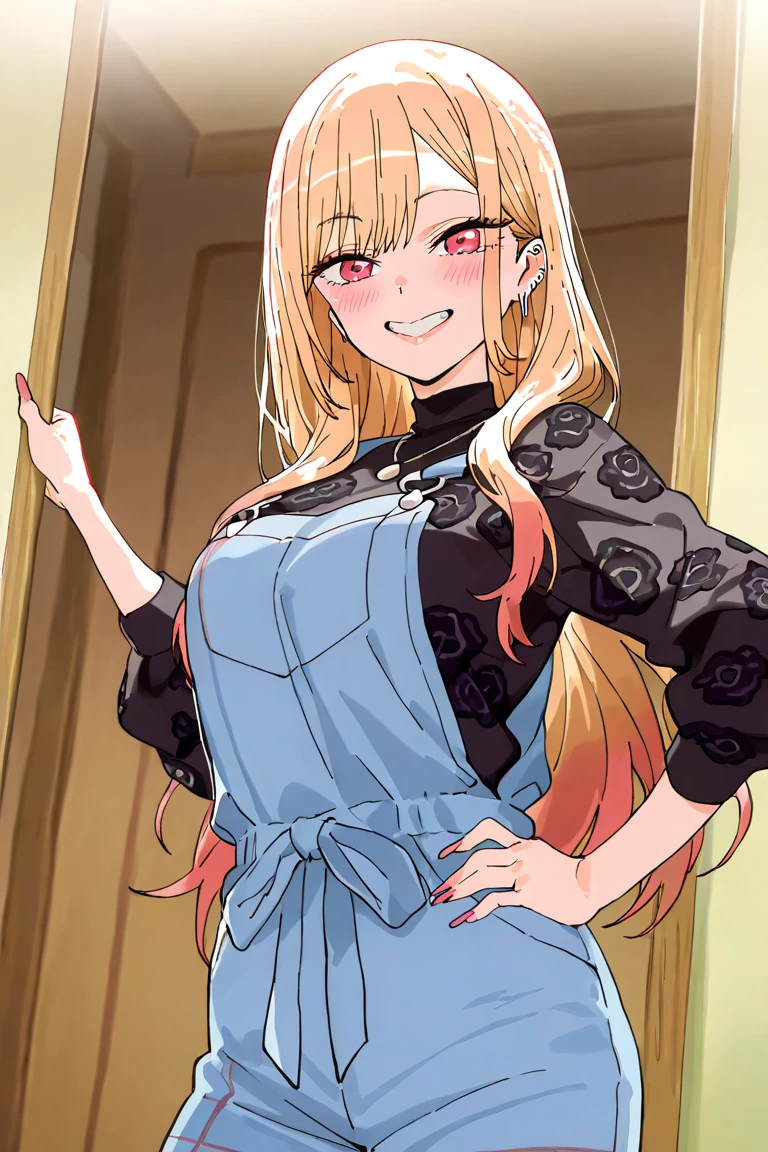 masterpiece, highest quality:1.2),(Shiny skin:1.6), Upper Body, Detailed cloth texture, Detailed hair texture, One girl, alone, 18 year old girl sexy pose, Long eyelashes, Lips parted, red Heart in pupils eyes, (The body is slim:1.1), (Beautiful blonde long hair:1.2), (Huge breasts:1.9), Floating Hair, (bangs), (apron only ,Pink apron), smile, Blushing, View your viewers, (Cowboy Shot:1.5), Hotel Rooms,Place your hands behind your back,arms behind back,glamorous pose