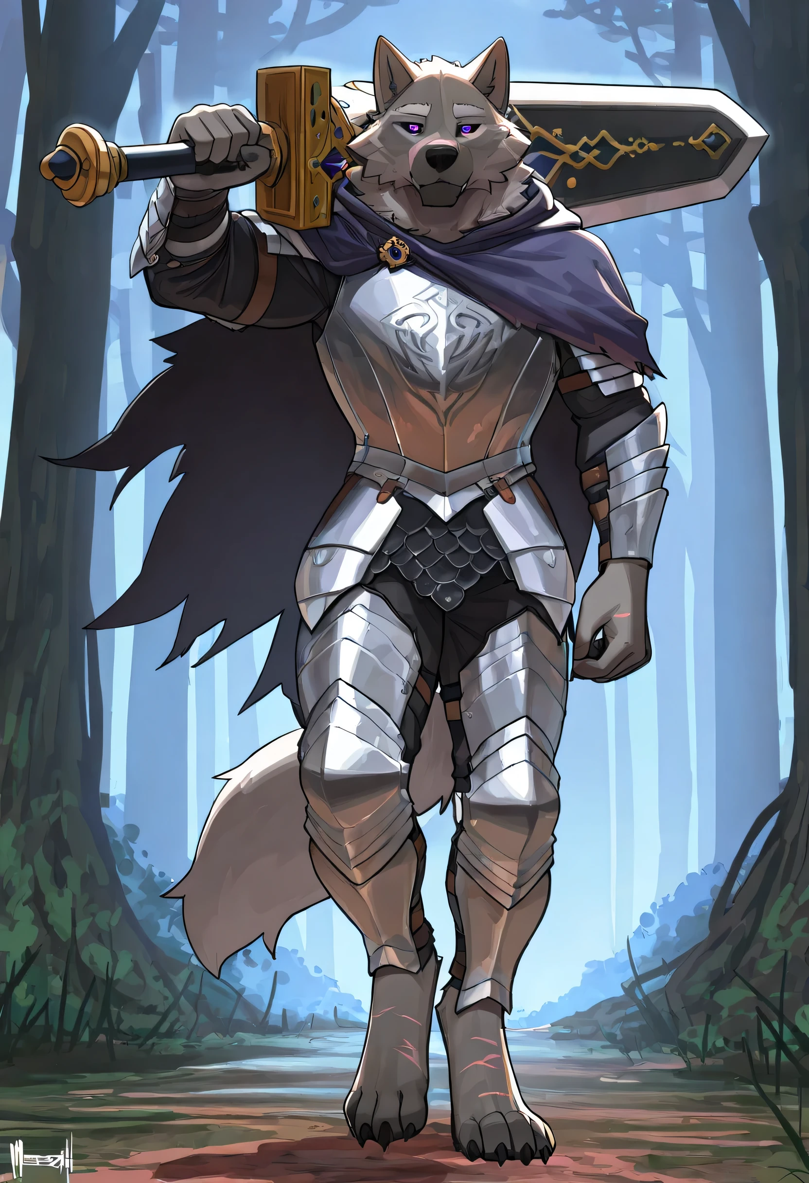 ((soft shading, 4k, hi res, detailed face, detailed, Best quality, masterpiece, detailed anatomy, detailed eyes, detailed hands with claws, detailed feet, perfect lighting, perfect shading)), By SpiritD, by Buta99, by Meesh, Blaidd, 1male, Wolf, Muscular fit body, gray furs body, body with many scars, mess tail, black sclera, purple eyes, armor chest and pants, large dark blue hood, holding a great sword on right shoulder, in the fog forest, walking