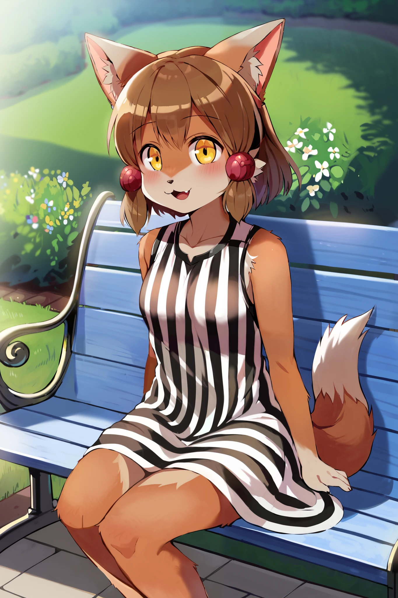 Alone, 1人のmaleの子, male, furry, body fur , brown fur, animal ear hair, short hair, brown hair, hair ornaments close to the garden, Hair ties, Dog Ears, dog tail, yellow eyes, cute face , detailed eyes, perfect anatomy, detailed skin, perfect hands, perfect face, break sleeveless dress, striped dress, break happy, :d, seated on bench, bench, Park, outdoor, colorful, Dutch angle, break ((超High Resolution)), ((Highest quality)), ((Highest quality)), ((beautiful eyes)), ((very detailed)), 4K, (8k), Highest quality, (beautiful), masterpiece, High Resolution, score_9, score_8_up, score_7_up, score_6_up, score_5_up, score_4_up, colorful, Highest quality, official art, High Resolution, masterpiece, No. 3, Divine Light, detailed background, High quality backgrounds, AddXL,