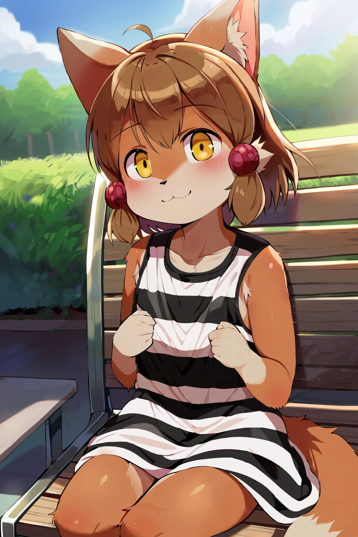 Alone, 1人のmaleの子, male, furry,   body fur ,  brown fur,  animal ear hair,  short hair, brown hair, hair ornaments close to the garden, Hair ties, Dog Ears, dog tail, yellow eyes,   cute face , detailed eyes, perfect anatomy, detailed skin, perfect hands, perfect face, break sleeveless dress, striped dress, break happy, :d, seated on  bench,  bench, Park, outdoor, colorful, Dutch angle, break ((超High Resolution)), ((Highest quality)), ((Highest quality)), ((beautiful eyes)), ((very detailed)), 4K, (8k), Highest quality, (beautiful),  masterpiece, High Resolution,  score_9,  score_8_up,  score_7_up,  score_6_up,  score_5_up,  score_4_up, colorful, Highest quality, official art, High Resolution, masterpiece, No. 3, Divine Light, detailed background, High quality backgrounds, AddXL, 